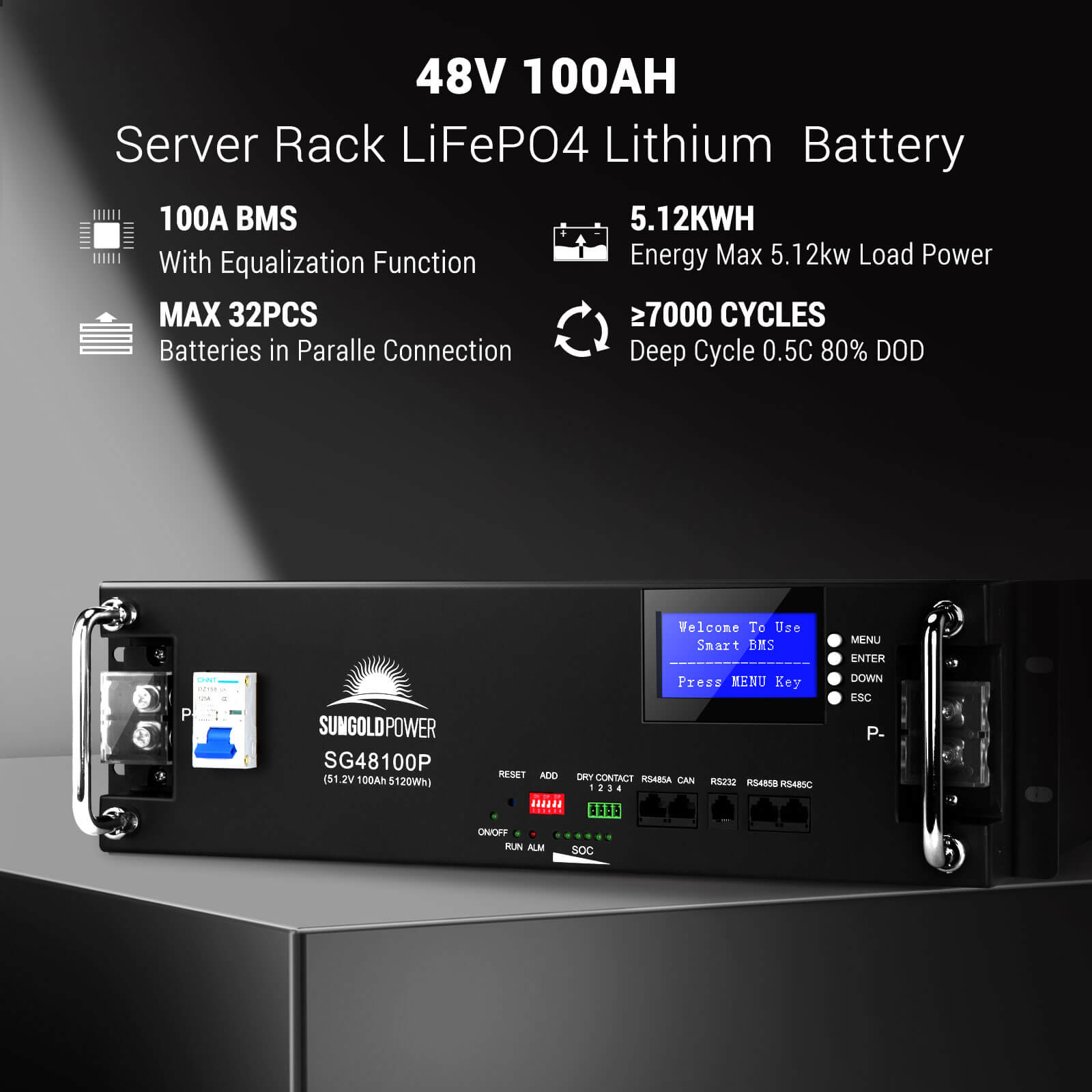2 X 48V 100AH Server Rack LiFePO4 Lithium Battery SG48100P UL1973 UL9540A