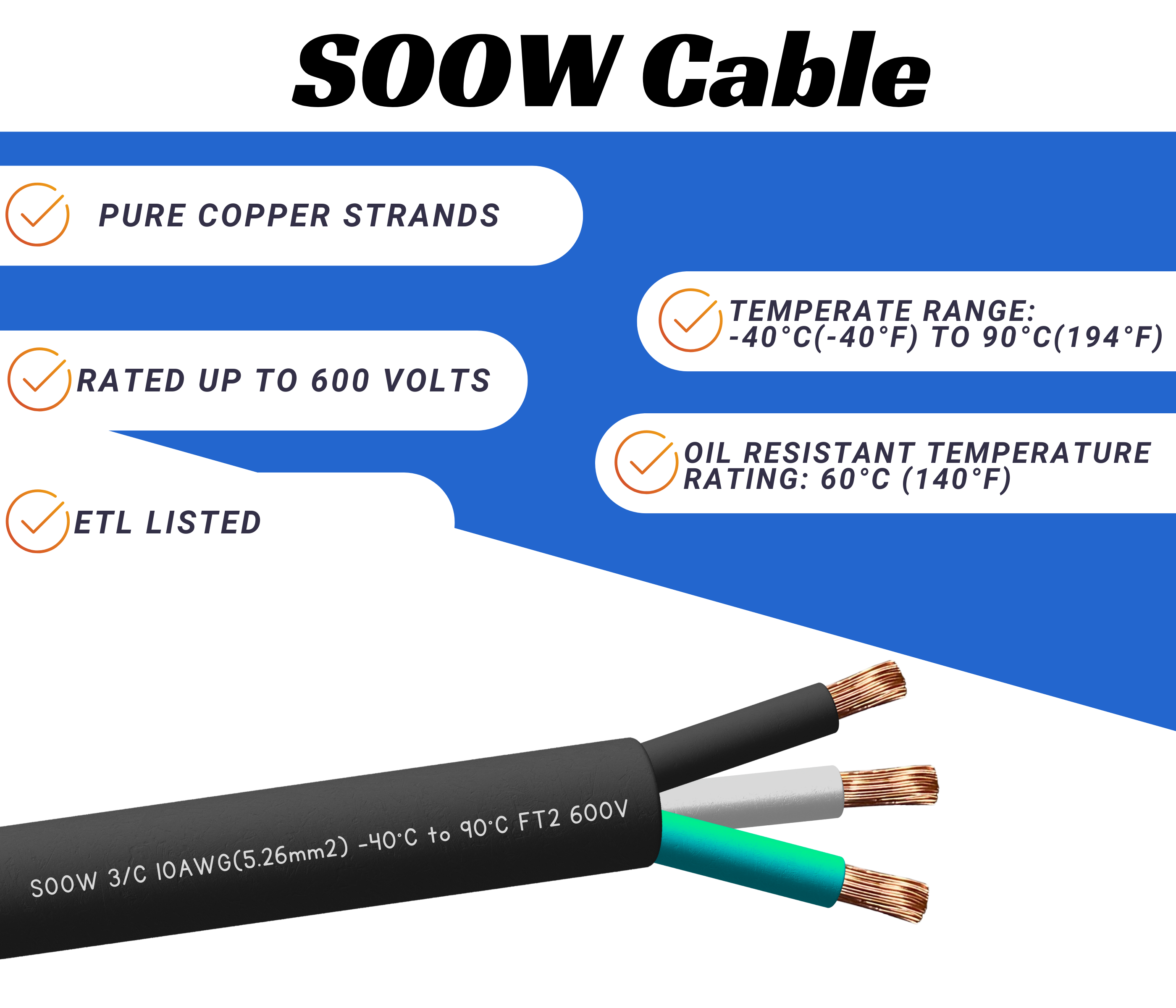 10/3 SOOW Cable Cord Wire - 10 Gauge 10 AWG 3 Conductor 600V Portable Power Extension Cord Cable with Ultra Flexible Insulation Jacket