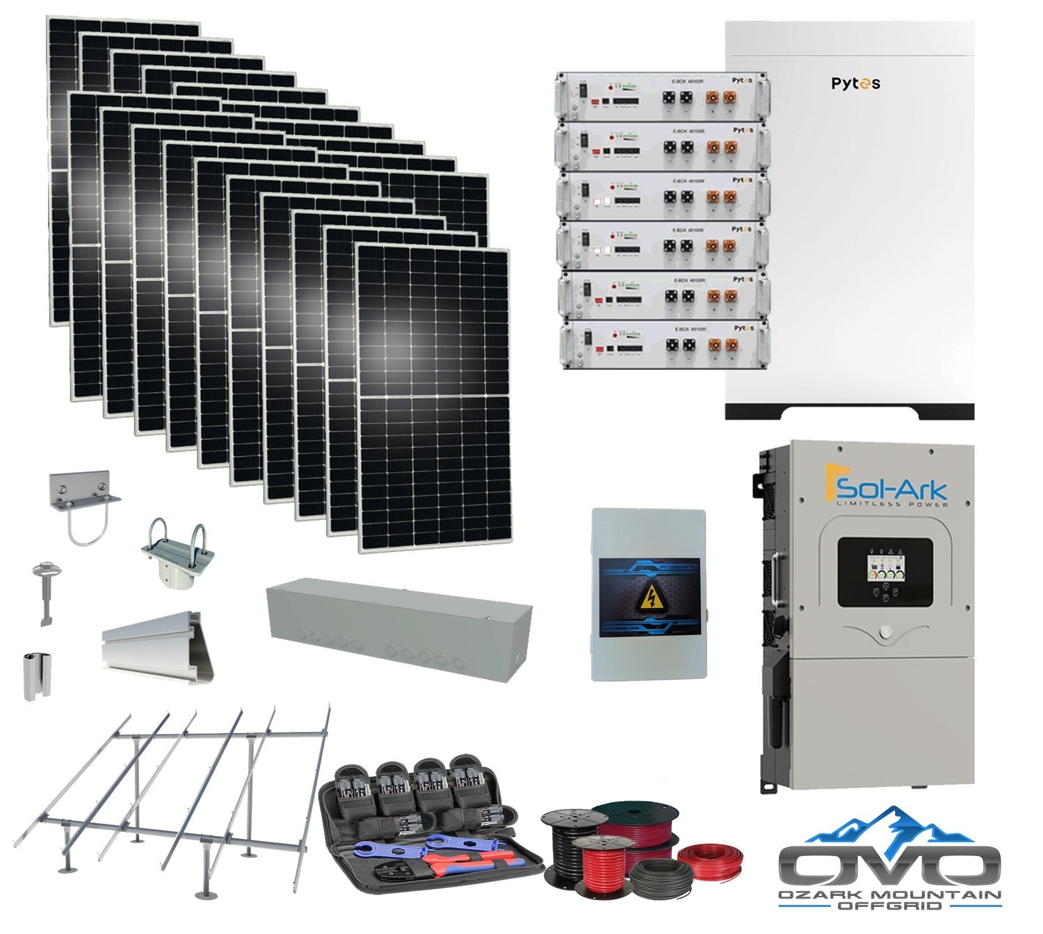 10KW Complete Offgrid Solar Kit + 30.72kWh Pytes Lithium Battery + 15K Sol-Ark Inverter + 11KW Solar with Ground Mount Rails and Wiring