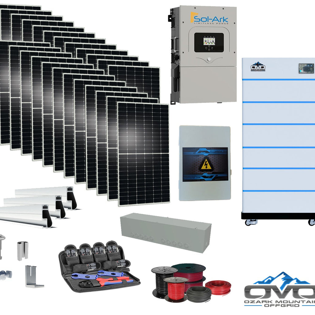 12KW Complete Offgrid Solar Kit - 15K Sol-Ark Inverter + 30.72KW OMO Stack Lithium Battery +13.2KW Solar with Mounting Rails and Wiring