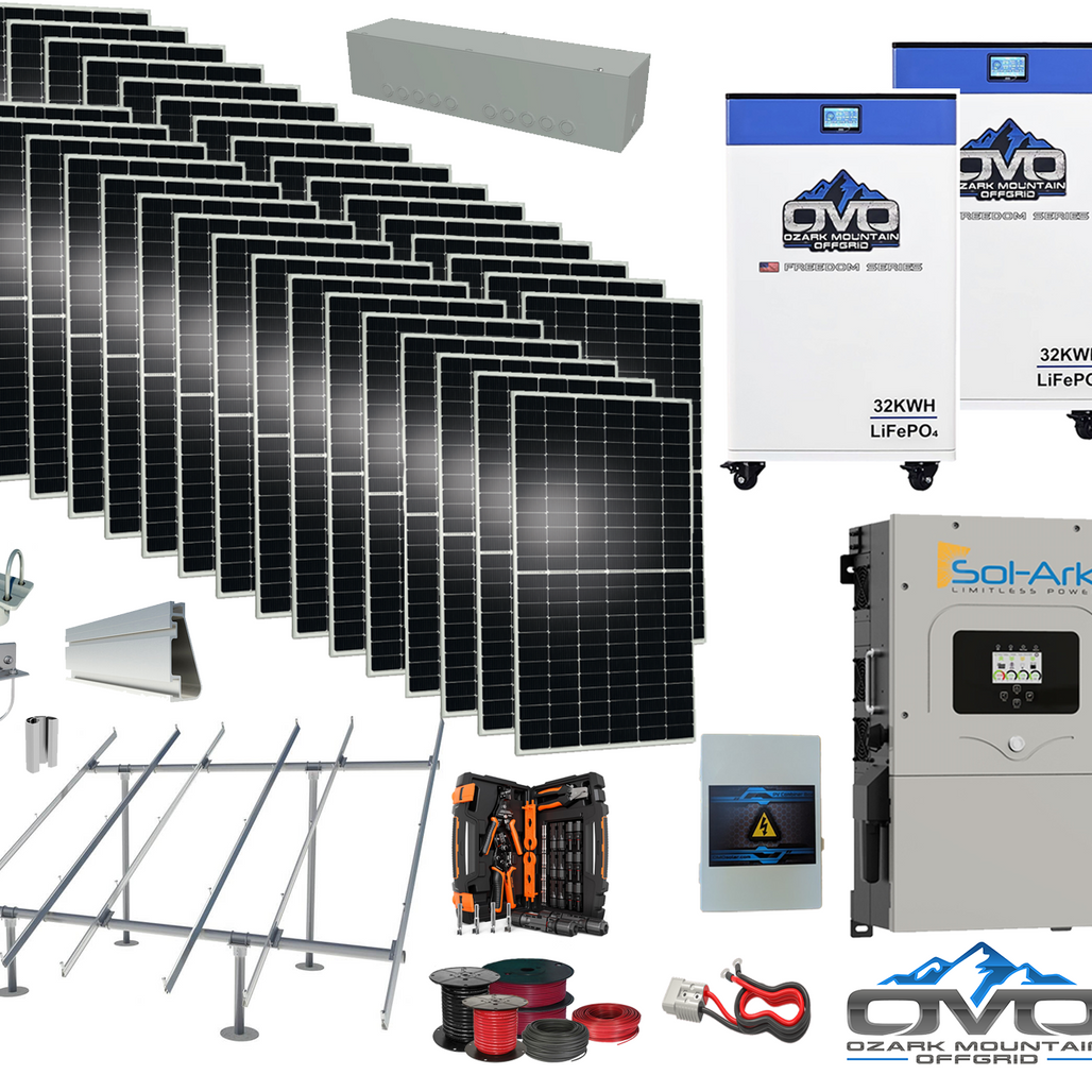 17KW Complete Offgrid Solar Kit - 2x 32kWh OMO 48V Freedom Series Lithium Battery + 15K Sol-Ark Inverter +17.6KW Solar with Ground Mount and Wiring