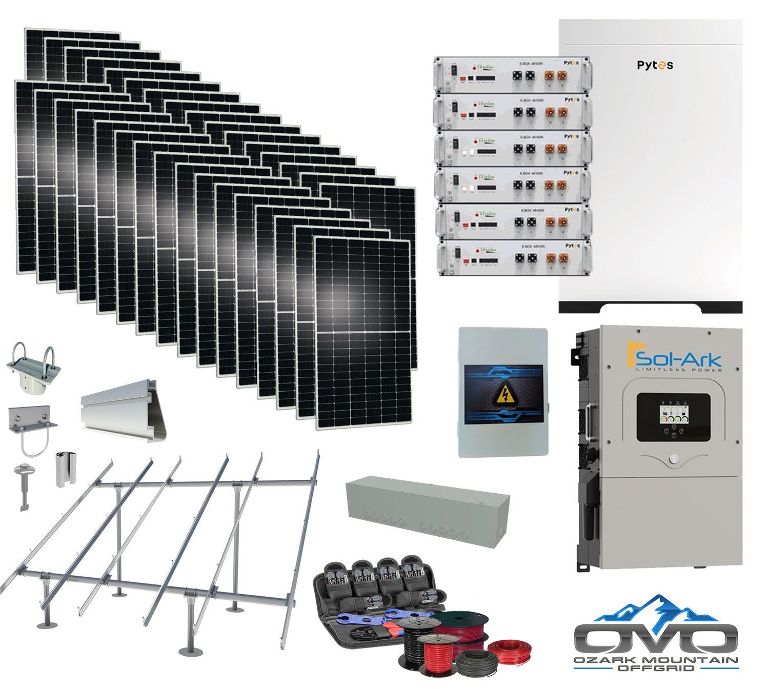 17KW Complete Offgrid Solar Kit - 30.72kWh Pytes Lithium Battery + 15K Sol-Ark Inverter +17.6KW Solar with Ground Mount and Wiring