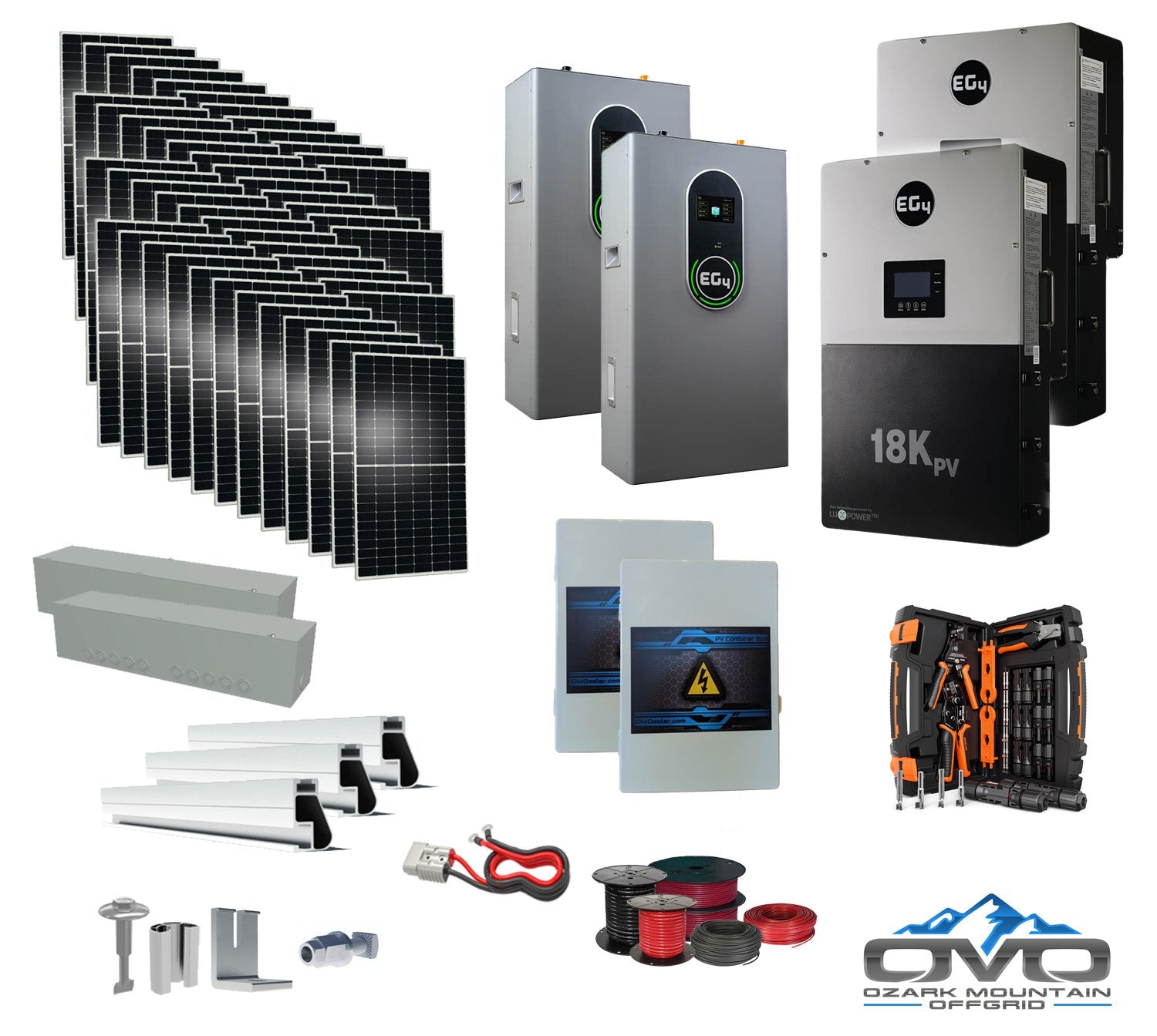 25KW Complete Offgrid Solar Kit + EG4 18kPV + 2x 14.3KW 48V EG4 Lithium Indoor Wall Battery + 26.4KW Solar with Roof Mounting Rails and Wiring