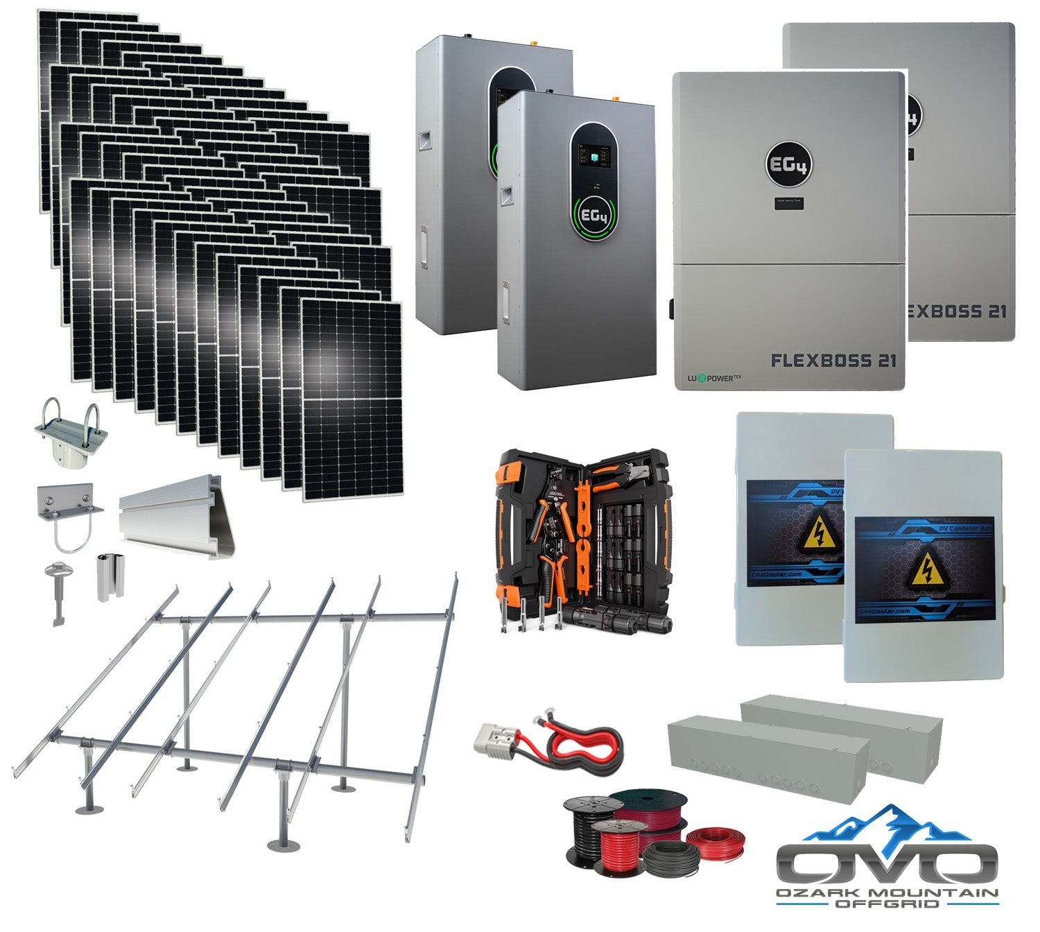 25KW Complete Offgrid Solar Kit + EG4 FlexBOSS21 + 2x 14.3KW 48V EG4 Lithium Indoor Wall Battery + 26.4KW Solar with Ground Mount and Wiring