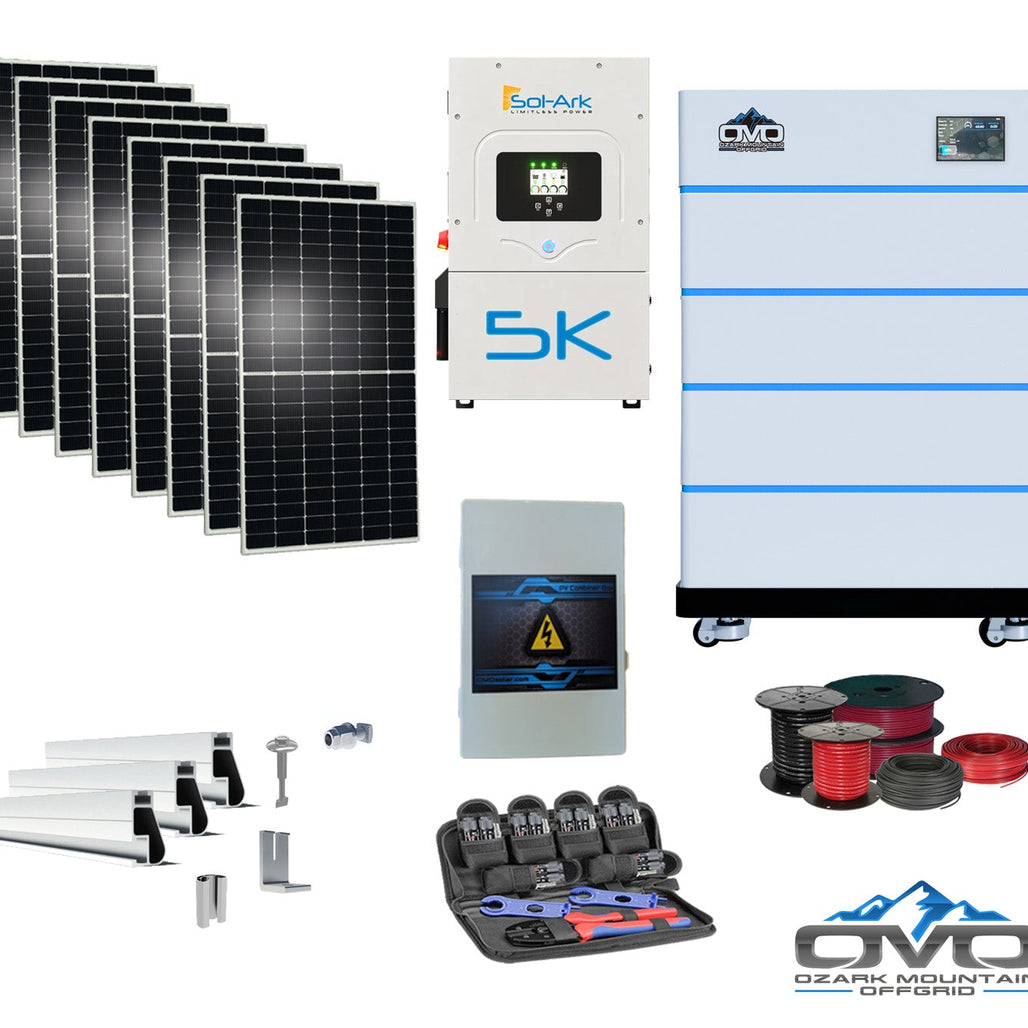 4.4KW Complete Offgrid Solar Kit + 5K Sol-Ark Inverter + 20.48KW OMO Stack Lithium Battery +2.2KW Solar with Mounting Rails and Wiring