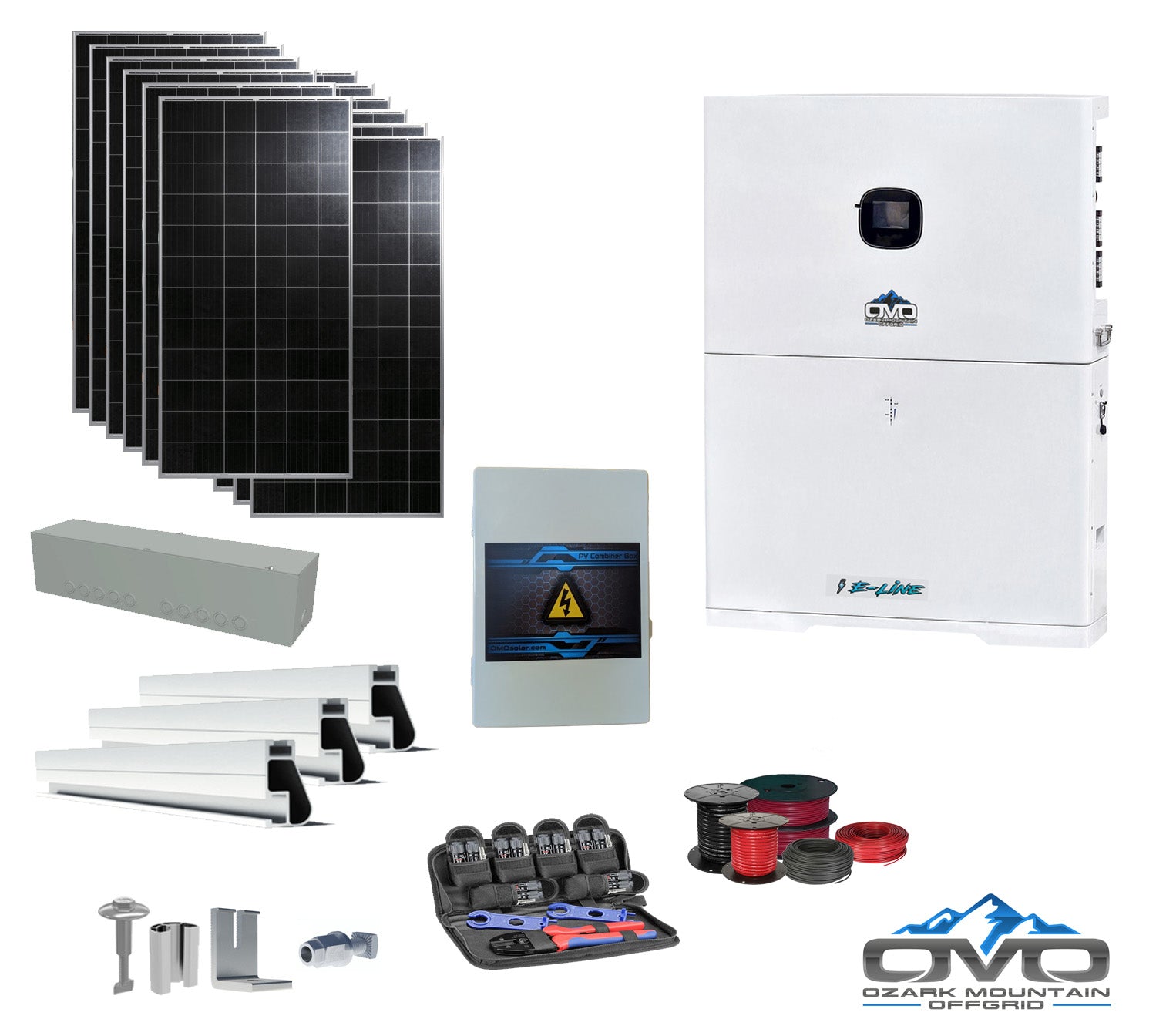 4.56KW Complete Offgrid Solar Kit + 10K 120V/240V OMO E-Line Inverter + 10.24KW OMO E-Line Lithium Battery +4.56KW Solar with Roof Mount and Wiring