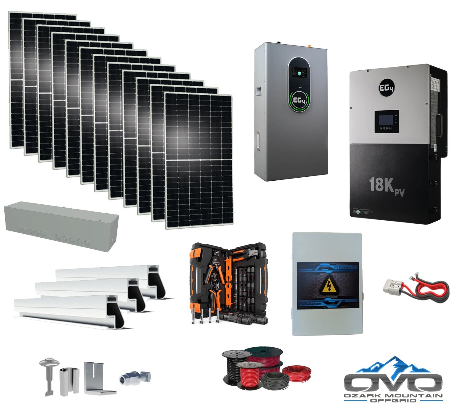 6KW Complete Offgrid Solar Kit + EG4 18kPV Inverter + 14.3KW 48V EG4 Lithium Indoor Wall Battery + 6.6KW Solar with Roof Mounting Rails and Wiring
