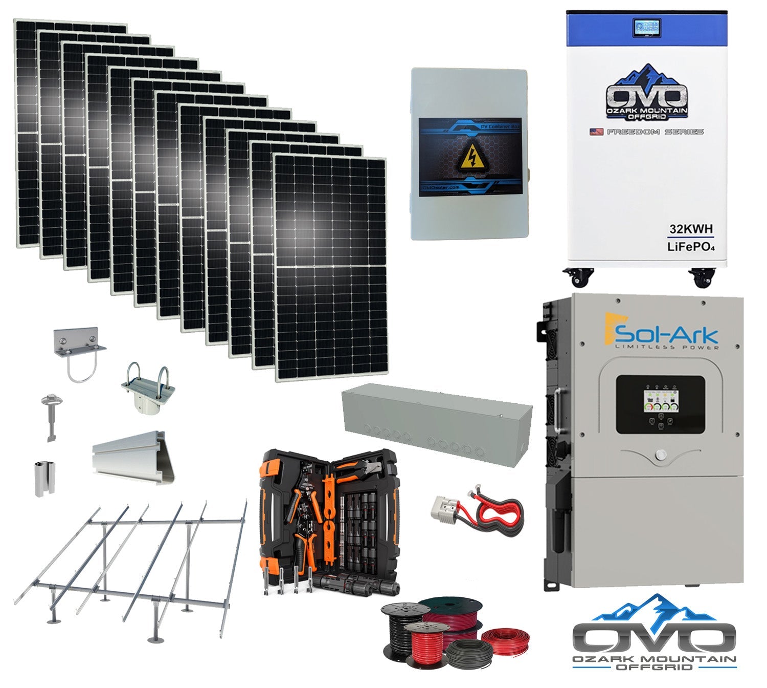 6KW Complete Offgrid Solar Kit - 32kWh OMO 48V Freedom Series Lithium Battery + 15K Sol-Ark Inverter +6.6KW Solar with Ground Mount Rails and Wiring
