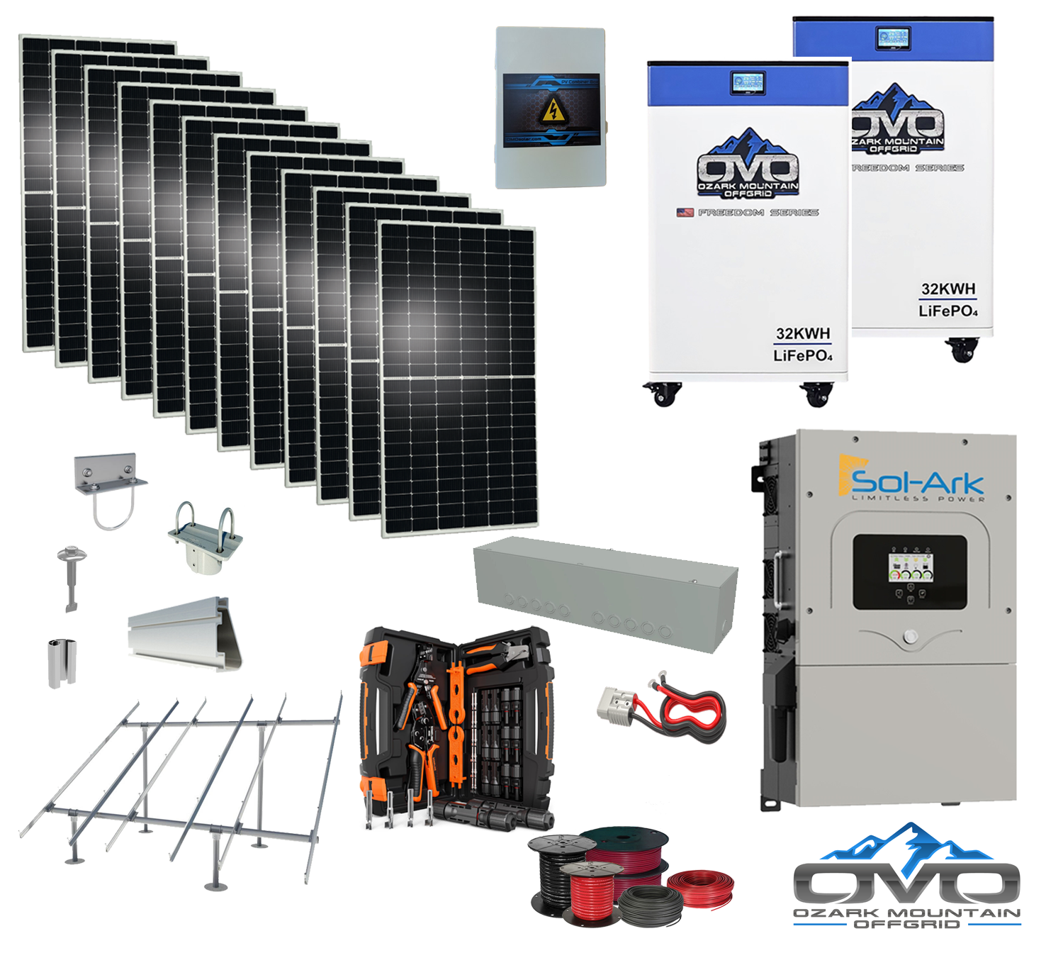 6KW Complete Offgrid Solar Kit - 2x 32kWh OMO 48V Freedom Series Lithium Battery + 15K Sol-Ark Inverter +6.6KW Solar with Ground Mount and Wiring