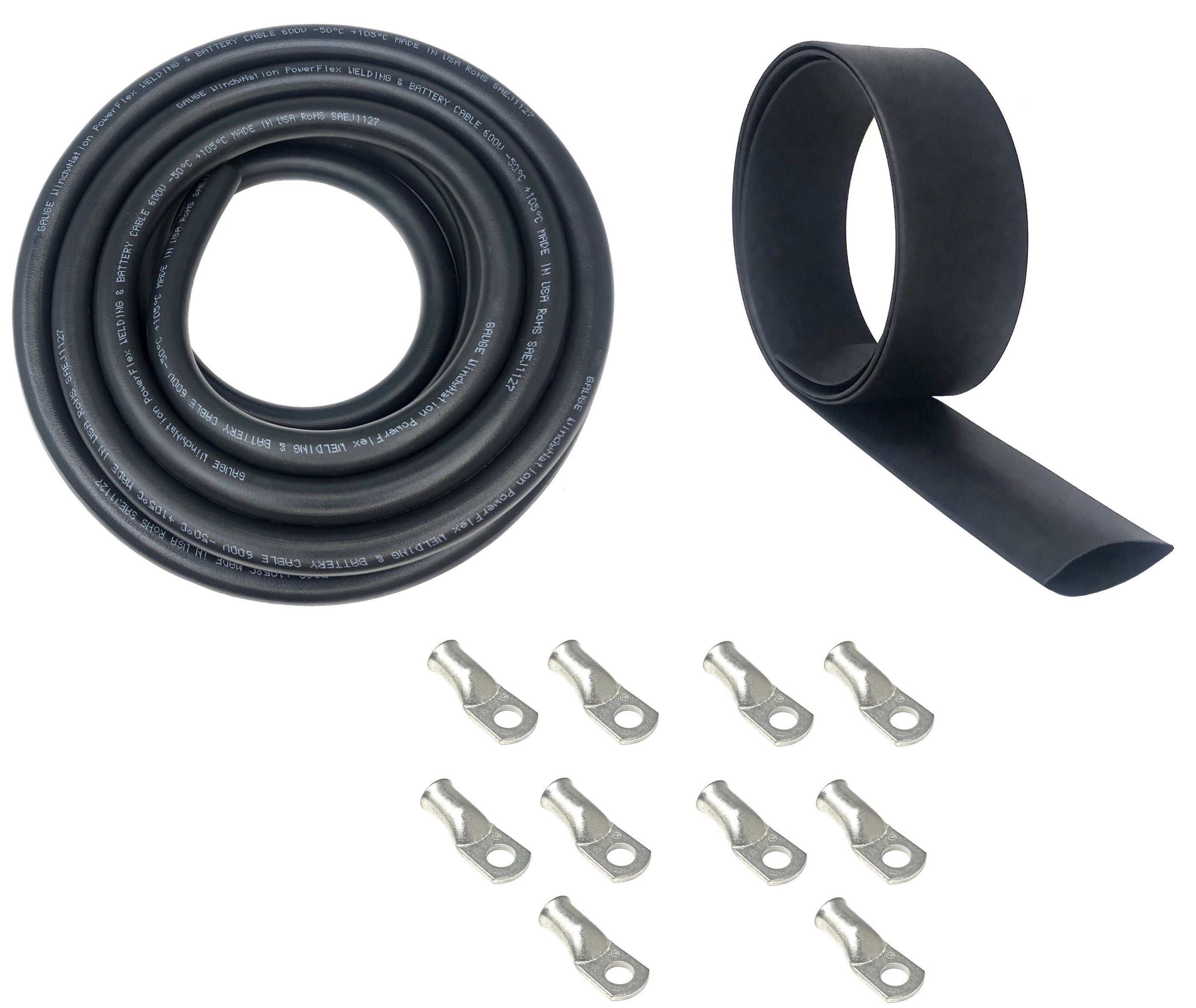 4 Gauge Welding Battery Cable Kit - Includes 10 pieces of 3/8" Tinned Copper Cable Lugs and 3 Feet Black Heat Shrink Tubing