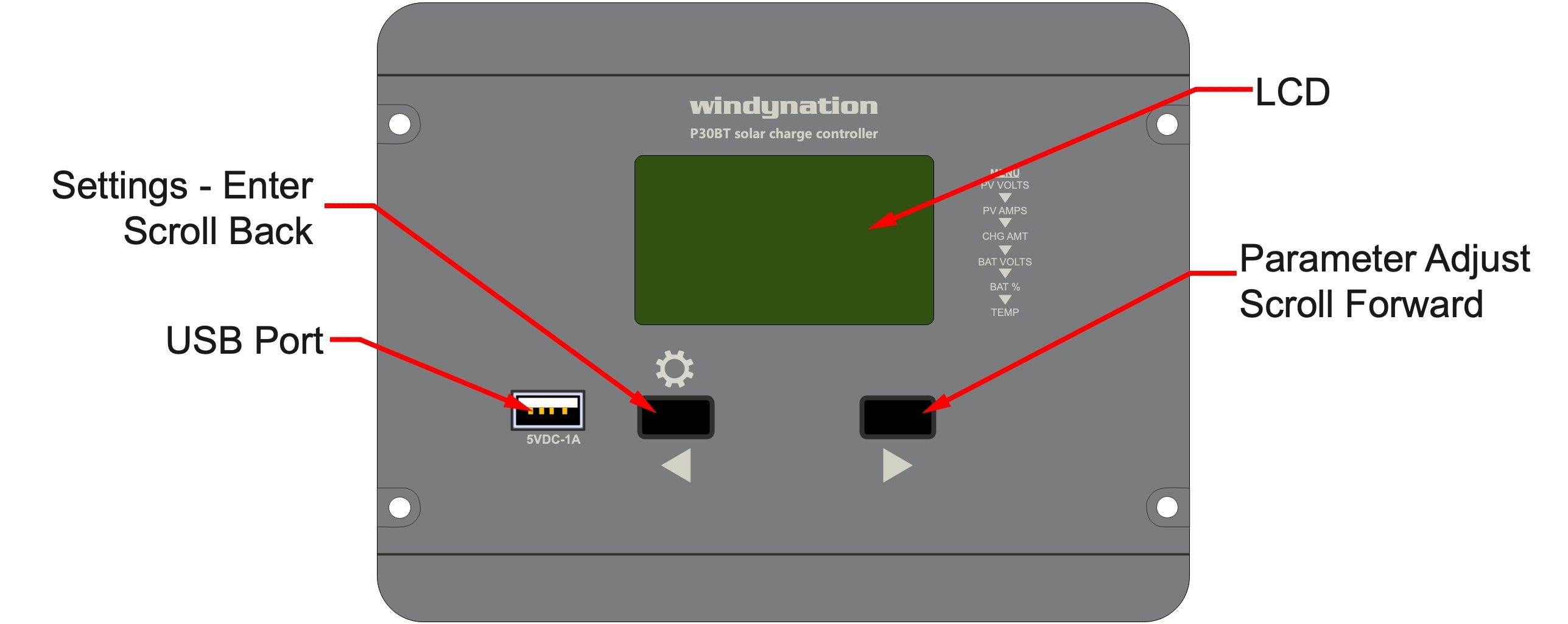 30-Amp Flush Mount LCD PWM Solar Charge Controller with Wireless Connectivity
