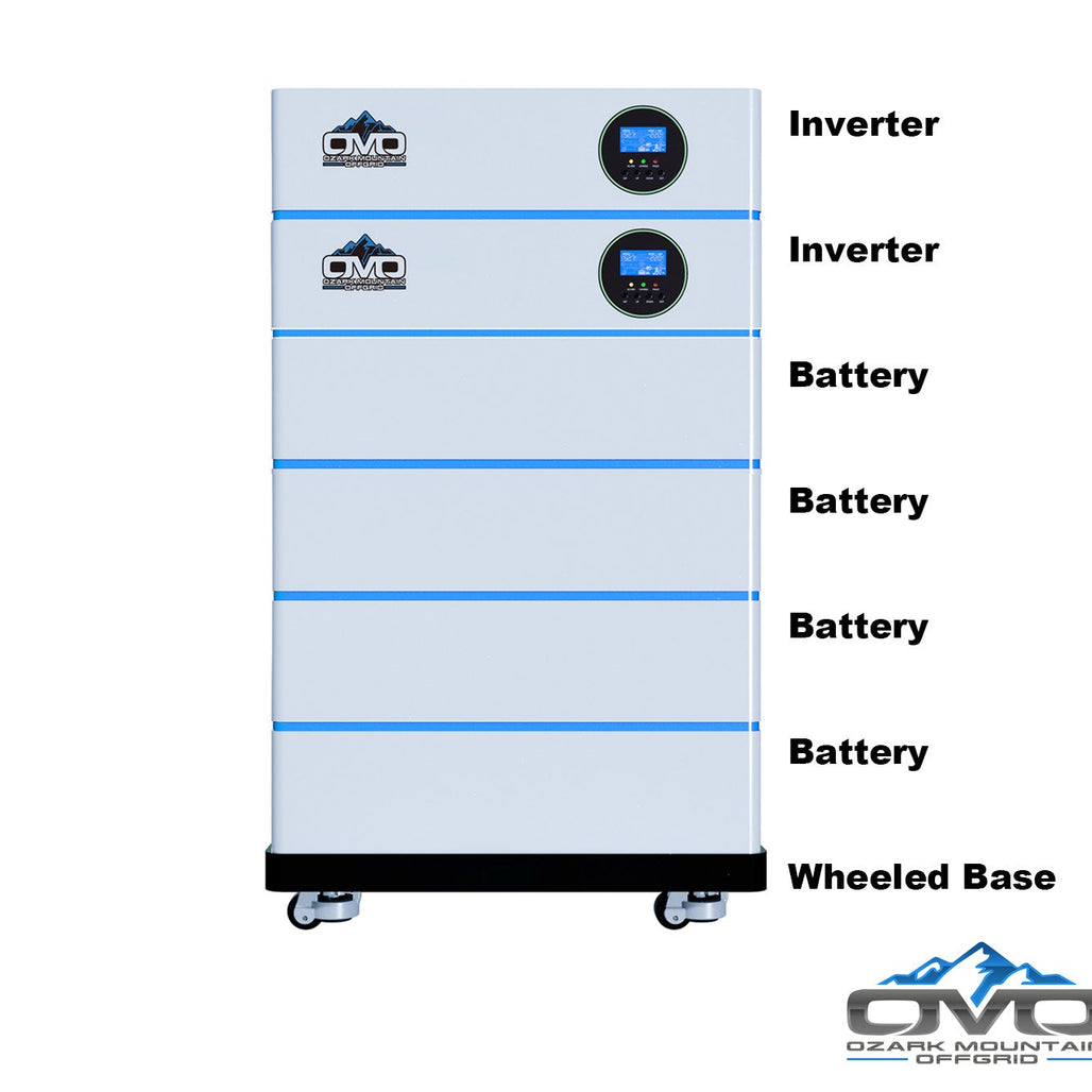 6KW OMO All-In-One Customizable Stacking Inverter/Battery System 120/240 11000W Total Inverter Output + 20.48K Lithium Battery + 6.6KW Solar Roof Mount