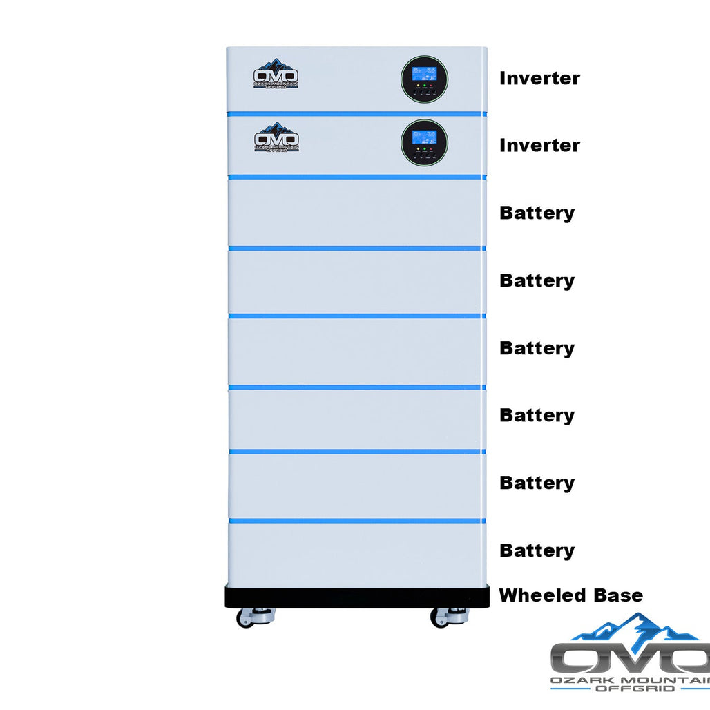 8KW OMO All-In-One Customizable Stacking Inverter/Battery System 120/240 11000W Total Inverter Output + 30.72K Lithium Battery + 8.8KW Solar Roof Mount