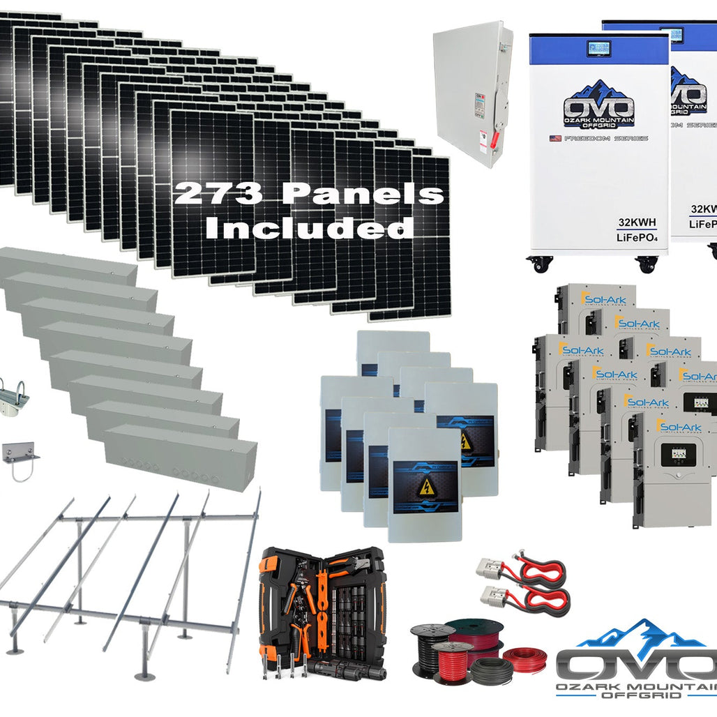 150KW Complete Offgrid Solar Kit + 8x 15K Sol-Ark Inverter + 2x 32kWh OMO 48V Freedom Series Lithium Battery +150.15KW Solar with Ground Mount and Wiring