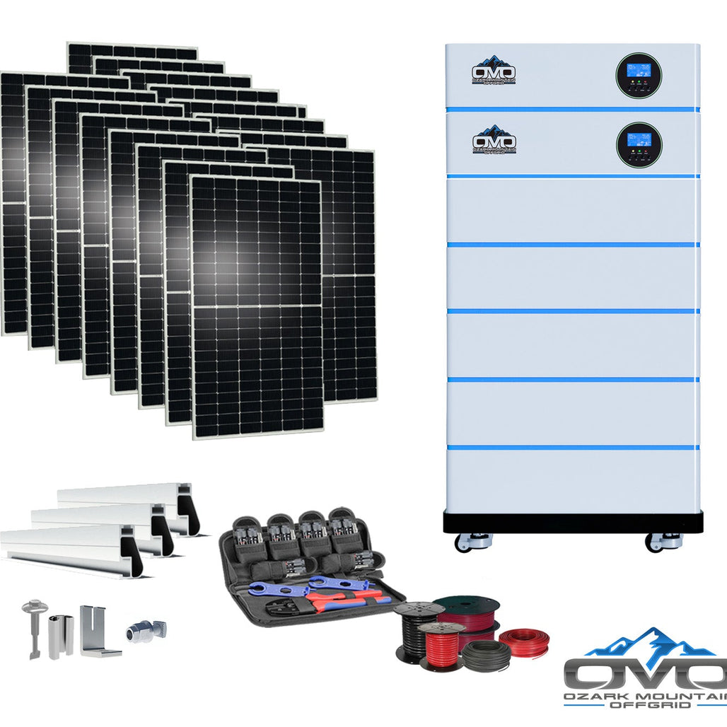 8KW OMO All-In-One Customizable Stacking Inverter/Battery System 120/240 11000W Total Inverter Output + 25.6K Lithium Battery + 8.8KW Solar Roof Mount