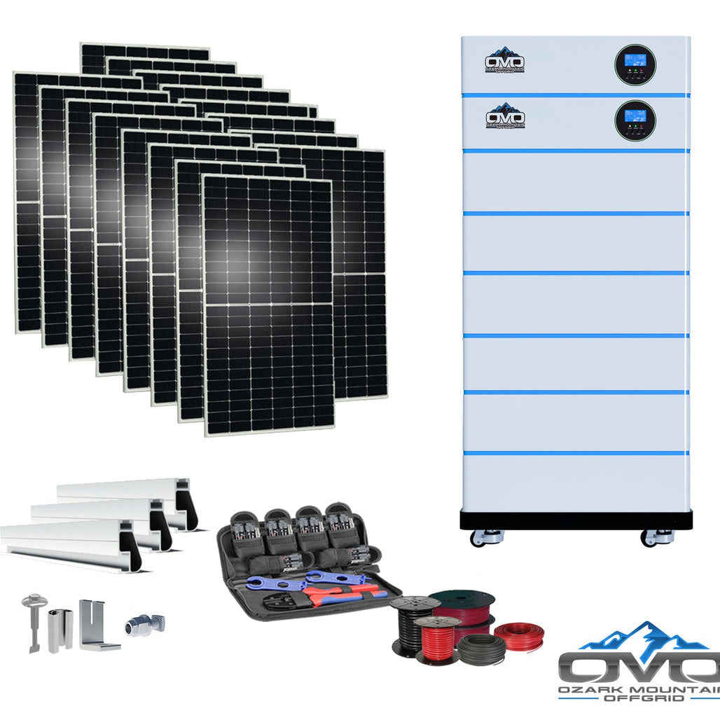 8KW OMO All-In-One Customizable Stacking Inverter/Battery System 120/240 11000W Total Inverter Output + 30.72K Lithium Battery + 8.8KW Solar Roof Mount
