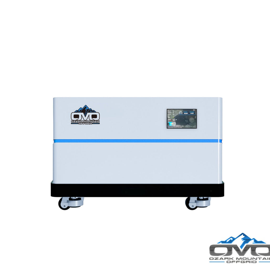 OMO Stackable 51.2V 5.12KW Heated LifePO4 Lithium Battery System - 1x 5.12KW Batteries + LCD Display Combiner + Wheeled Base