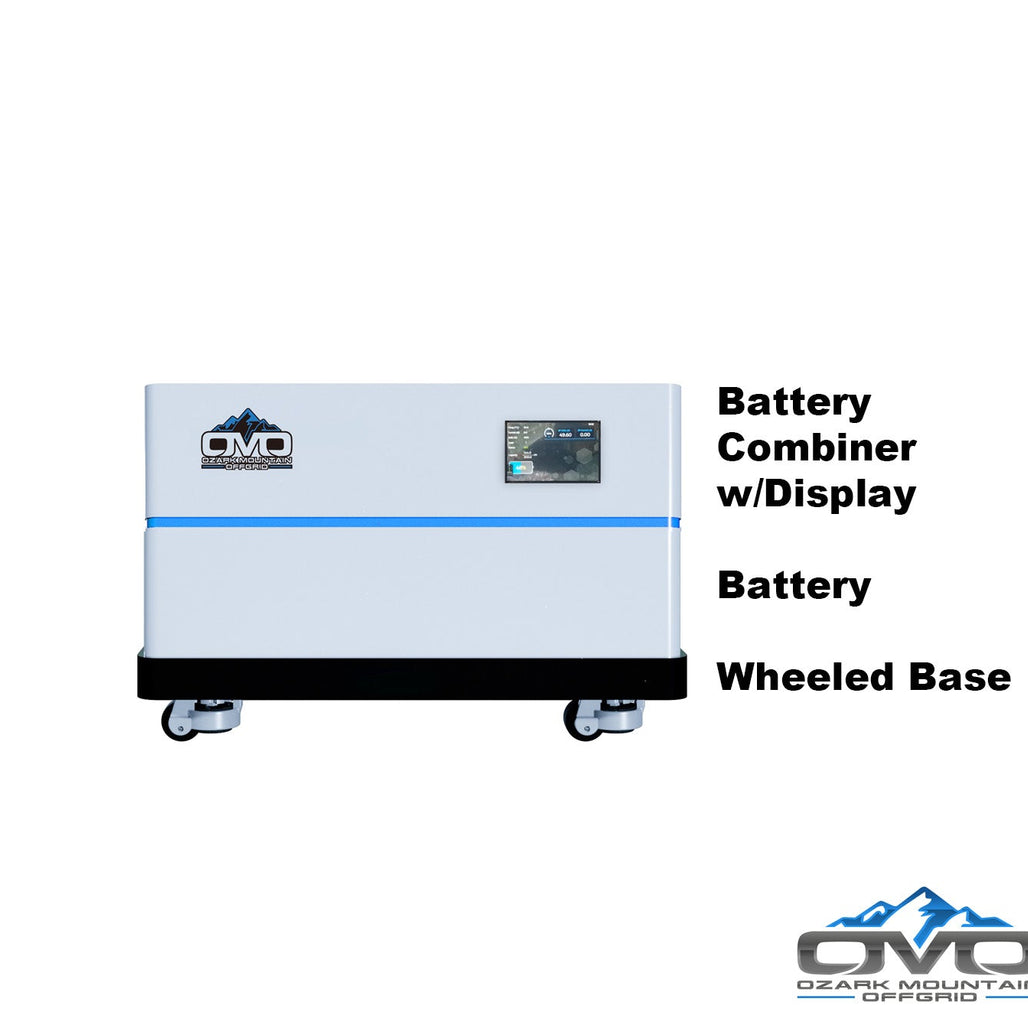 OMO Stackable 51.2V 5.12KW Heated LifePO4 Lithium Battery System - 1x 5.12KW Batteries + LCD Display Combiner + Wheeled Base