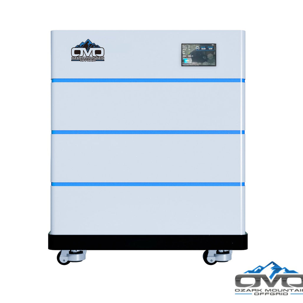 OMO Stackable 51.2V 15.36KW Heated LifePO4 Lithium Battery System - 3x 5.12KW Batteries + LCD Display Combiner + Wheeled Base
