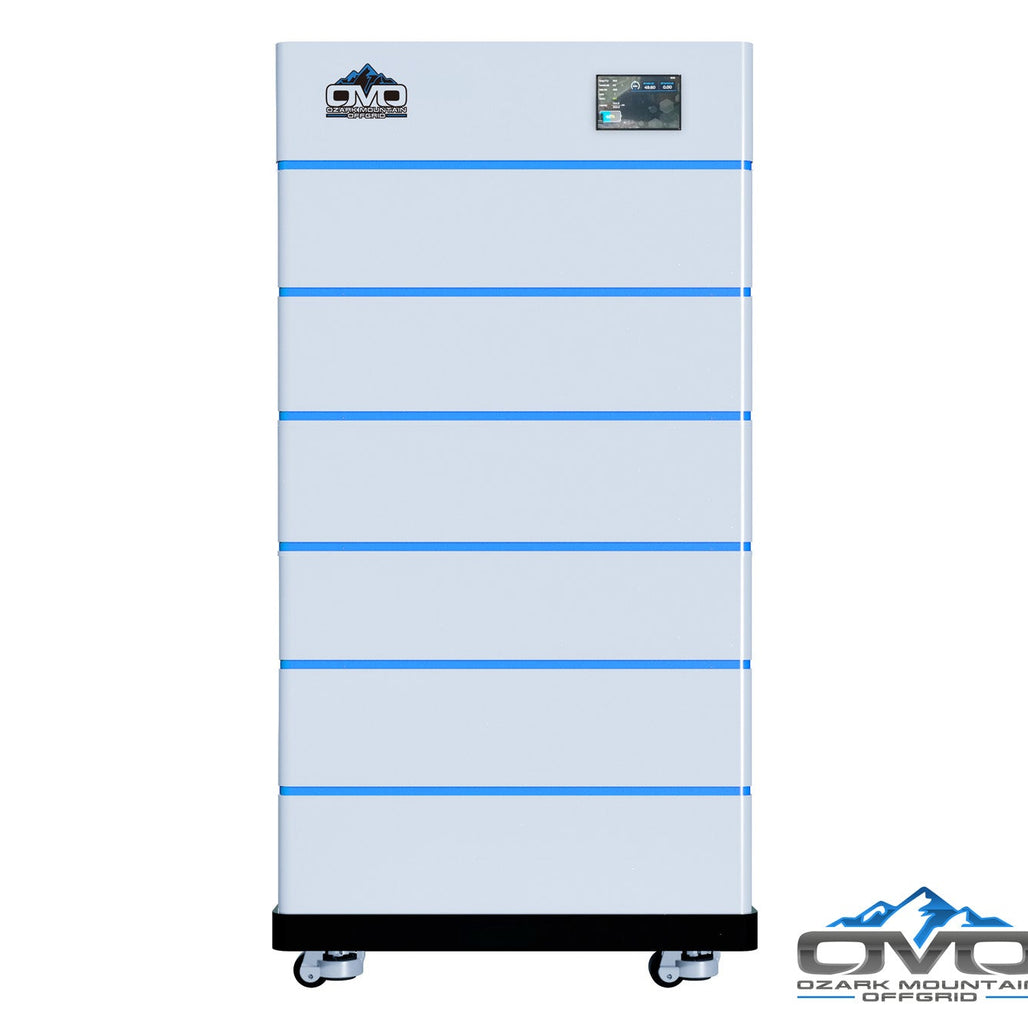 OMO Stackable 51.2V 30.72KW Heated LifePO4 Lithium Battery System - 6x 5.12KW Batteries + LCD Display Combiner + Wheeled Base