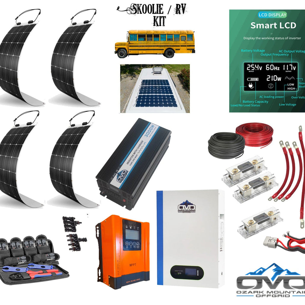 Complete Skoolie Solar System Kit / 4x 130W Flexible Solar Panels / 60A MPPT Charge Controller / 3000 Watt Inverter / OMO 5.12KW Patriot Lithium 48V Battery