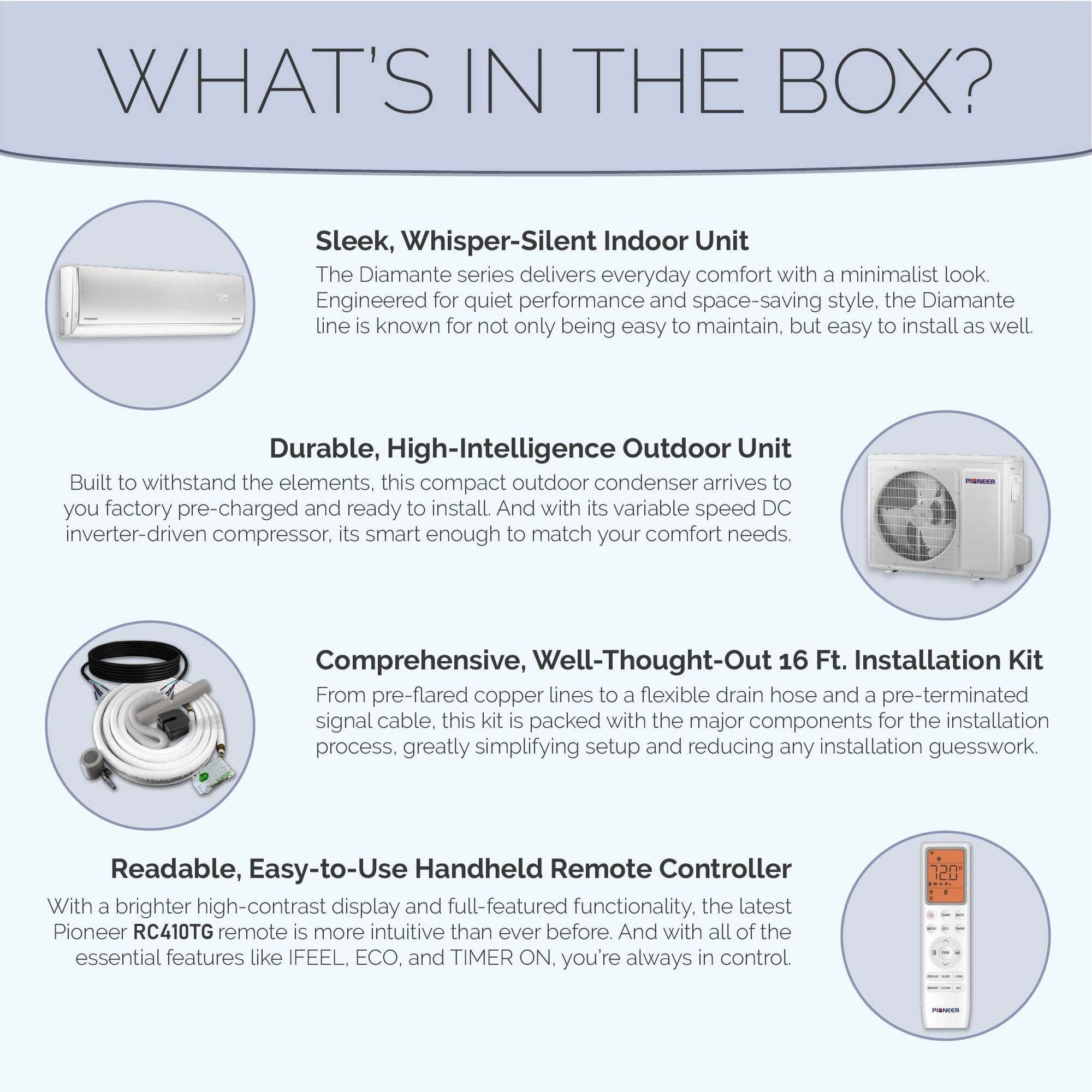 Pioneer® Diamante Essenza™ 12,000 BTU 17 SEER2 230V High-Wall Ductless Mini-Split Air Conditioner Inverter Heat Pump with 16 Ft. Kit