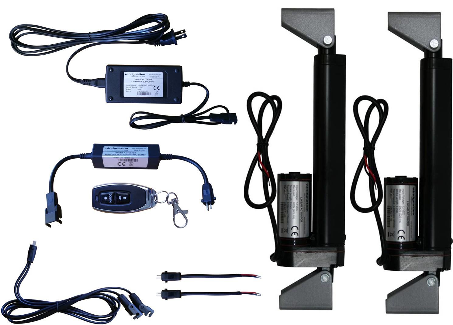 Linear Actuators 12-Volt 225lbs + Mounting Brackets with optional AC to 12 VDC Power Supply and/or Wireless Remote Control DPDT Switch