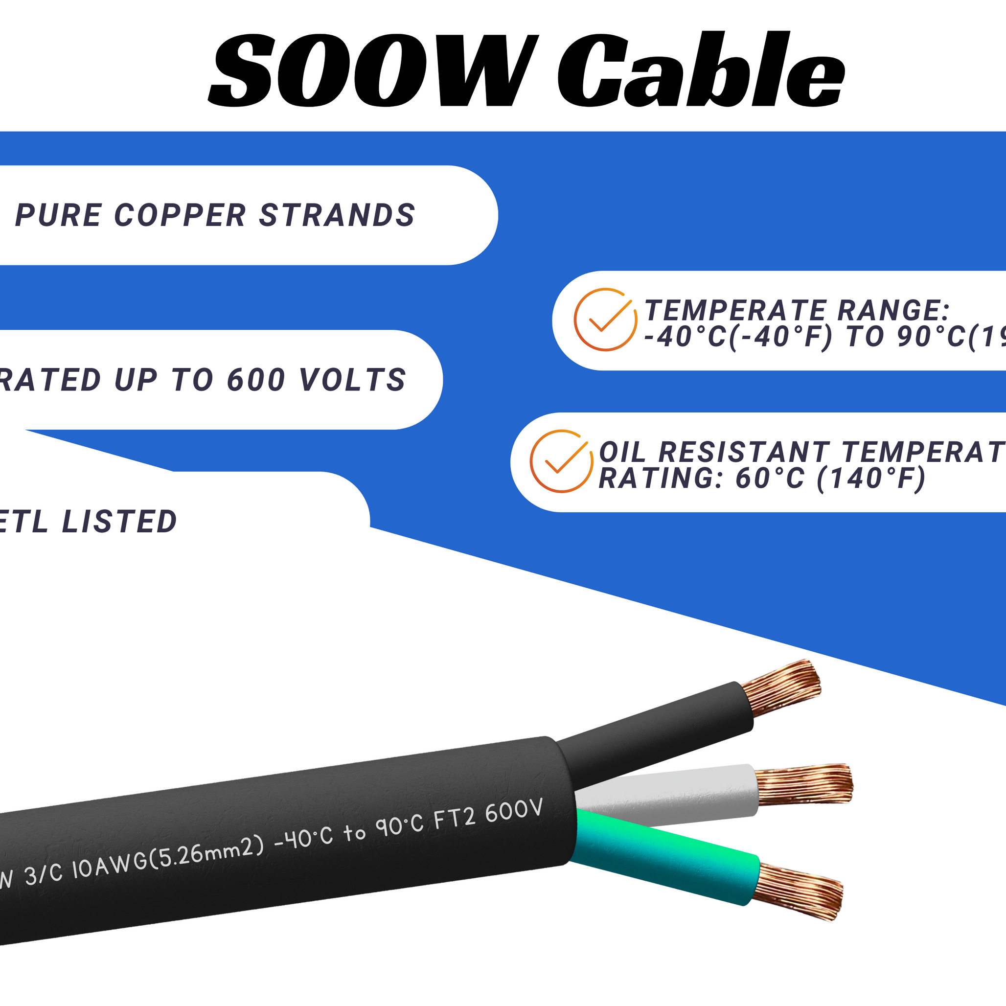 10/3 SOOW Cable Cord Wire - 10 Gauge 10 AWG 3 Conductor 600V Portable Power Extension Cord Cable with Ultra Flexible Insulation Jacket