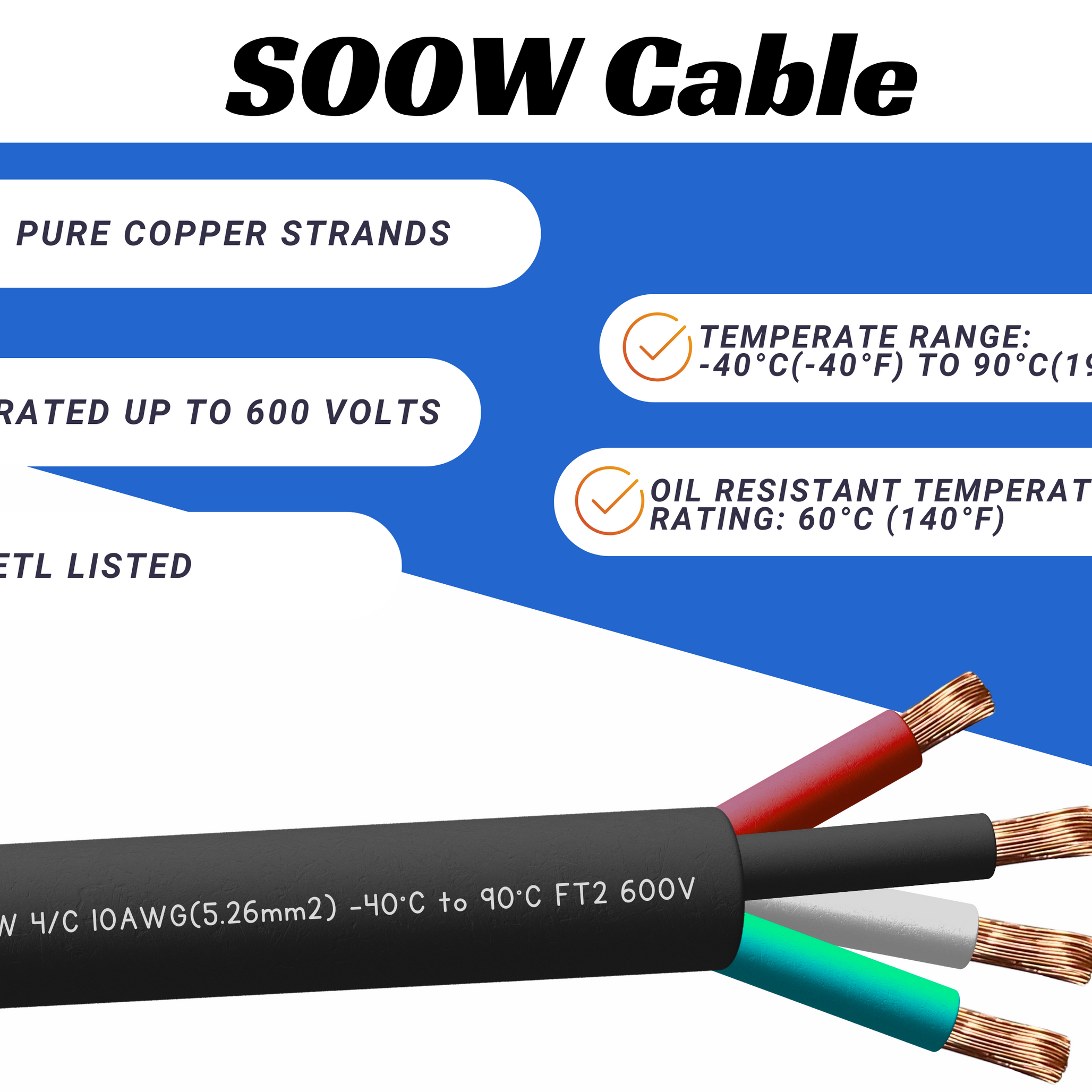 10/4 SOOW Cable Cord Wire - 10 Gauge 10 AWG 4 Conductor 600V Portable Power Extension Cord Cable with Ultra Flexible Insulation Jacket