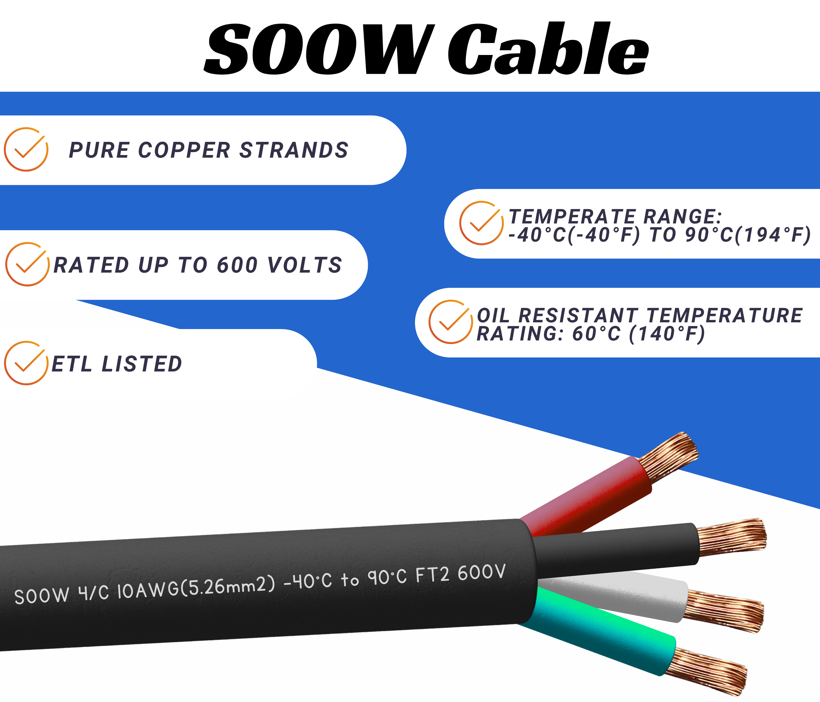 10/4 SOOW Cable Cord Wire - 10 Gauge 10 AWG 4 Conductor 600V Portable Power Extension Cord Cable with Ultra Flexible Insulation Jacket