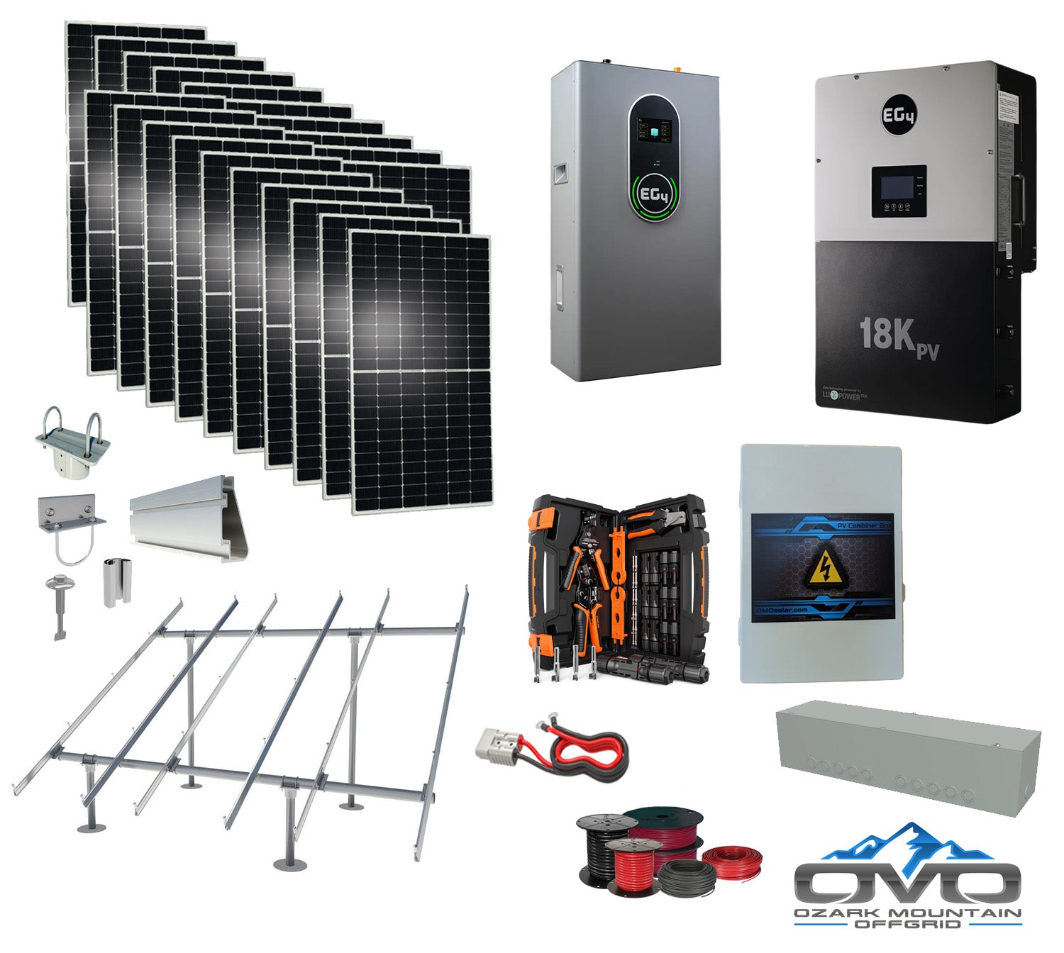 10KW Complete Offgrid Solar Kit + EG4 18kPV + 14.3KW 48V EG4 Lithium Indoor Wall Battery + 11KW Solar with Ground Mount and Wiring