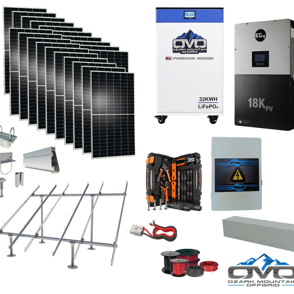 10KW Complete Offgrid Solar Kit + EG4 18kPV + 32KW OMO 48V Freedom Series Lithium Battery + 11KW Solar with Ground Mount and Wiring