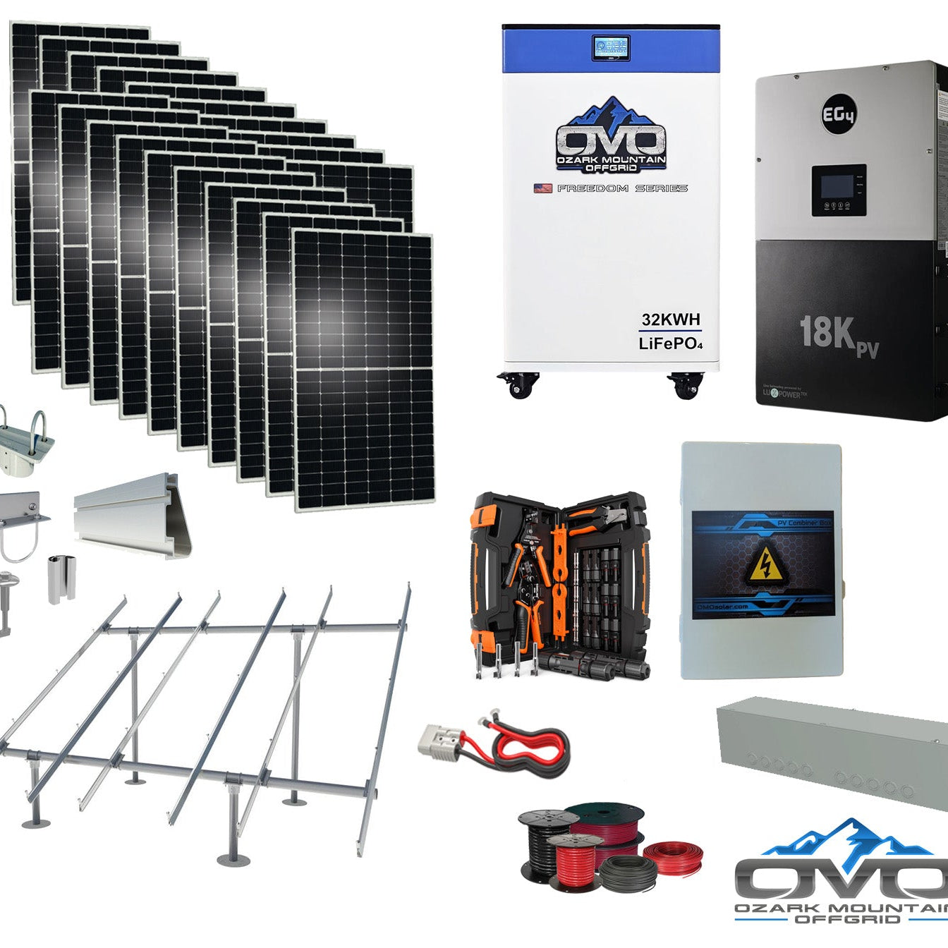 10KW Complete Offgrid Solar Kit + EG4 18kPV + 32KW OMO 48V Freedom Series Lithium Battery + 11KW Solar with Ground Mount and Wiring