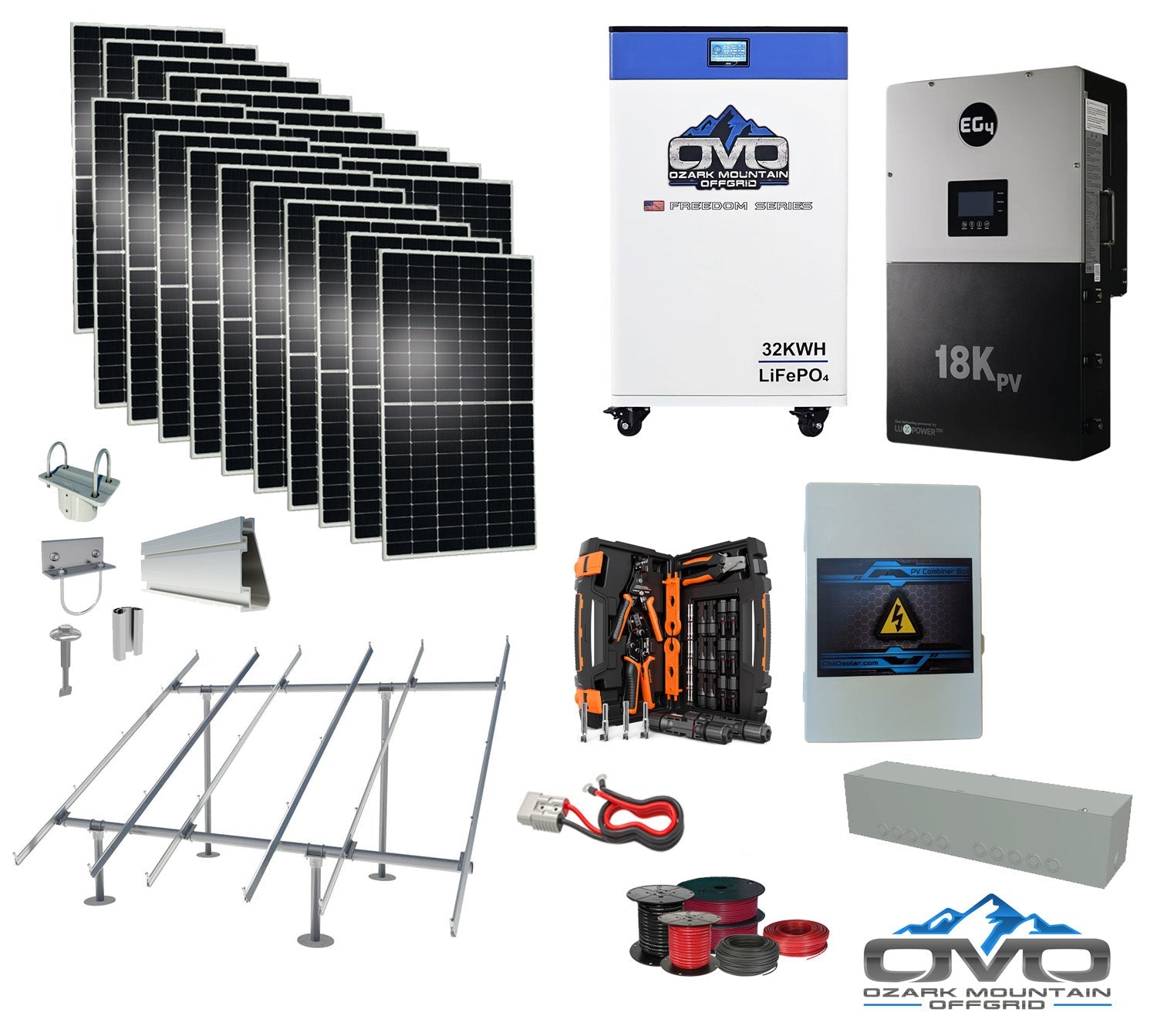 10KW Complete Offgrid Solar Kit + EG4 18kPV + 32KW OMO 48V Freedom Series Lithium Battery + 11KW Solar with Ground Mount and Wiring
