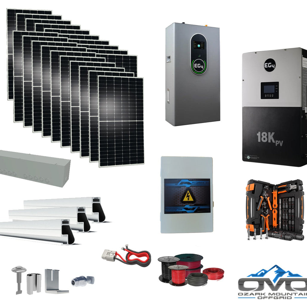 10KW Complete Offgrid Solar Kit + EG4 18kPV + 4.3KW 48V EG4 Lithium Indoor Wall Battery + 11KW Solar with Roof Mounting Rails and Wiring