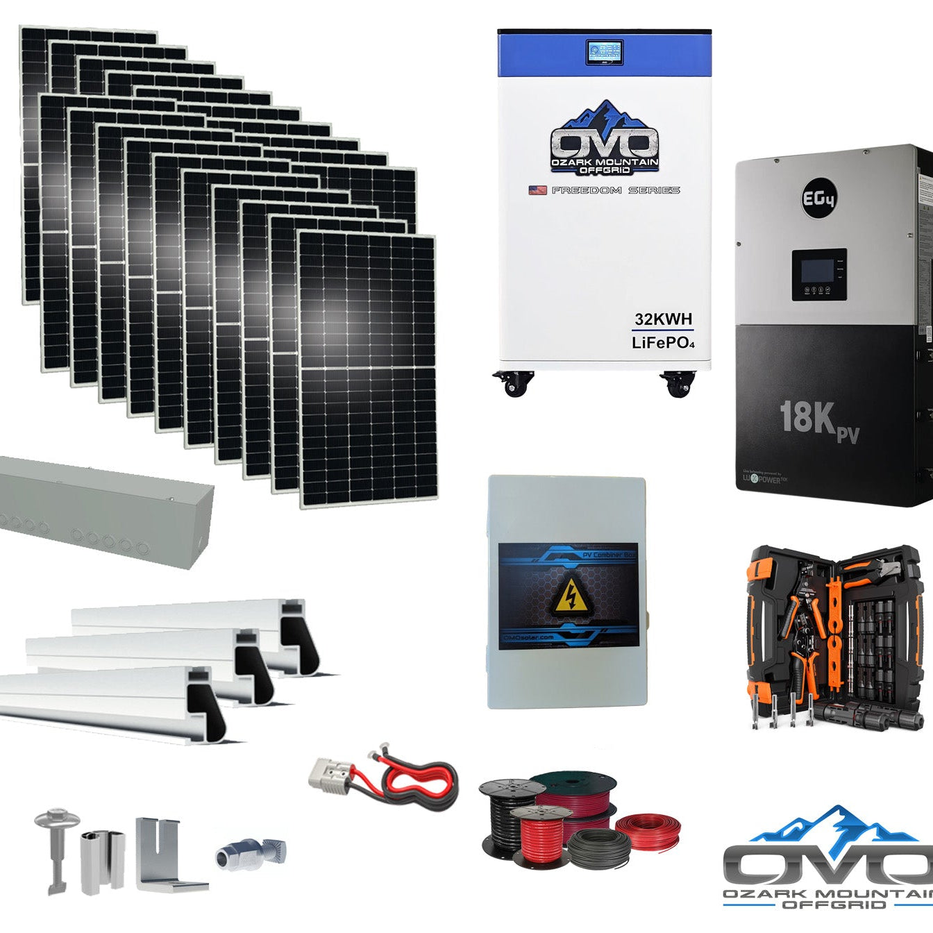 10KW Complete Offgrid Solar Kit + EG4 18kPV + 32KW OMO 48V Freedom Series Lithium Battery + 11KW Solar with Roof Mounting Rails and Wiring