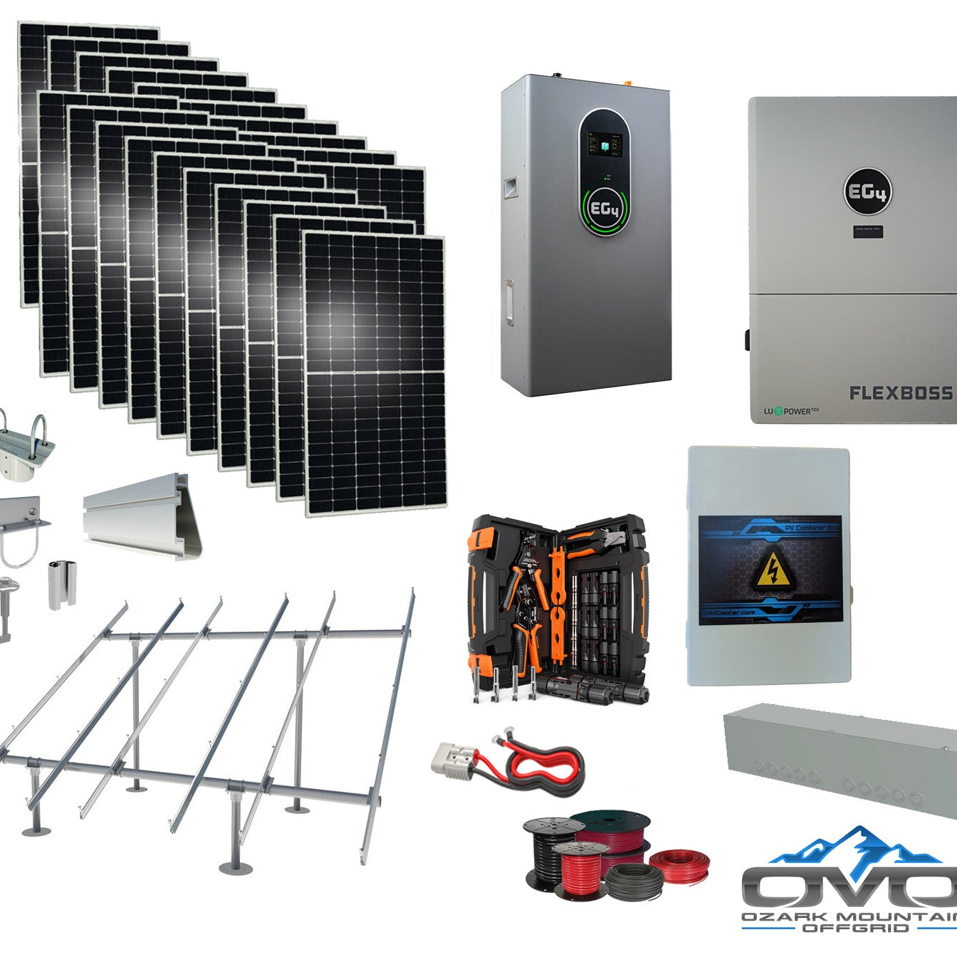 10KW Complete Offgrid Solar Kit + EG4 FlexBOSS21 + 14.3KW 48V EG4 Lithium Indoor Wall Battery + 11KW Solar with Ground Mount and Wiring