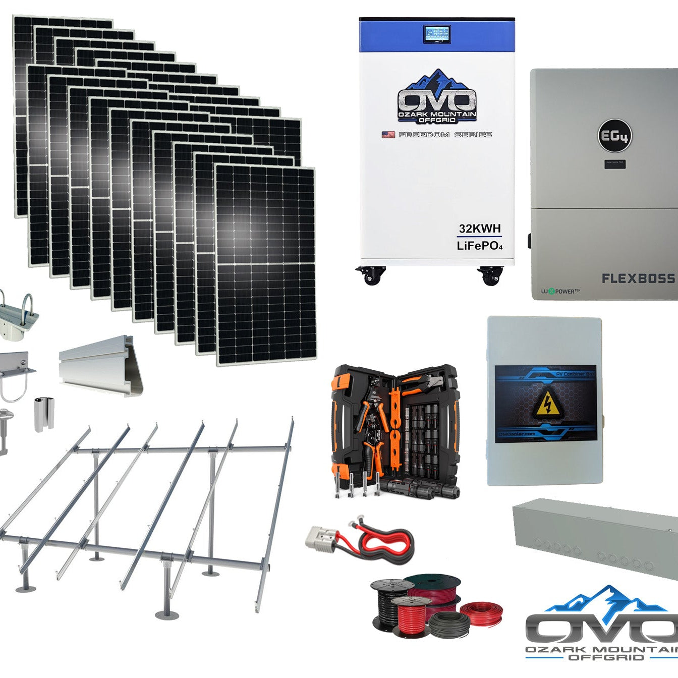 10KW Complete Offgrid Solar Kit + EG4 FlexBOSS21 + 32KW OMO 48V Freedom Series Lithium Battery + 11KW Solar with Ground Mount and Wiring