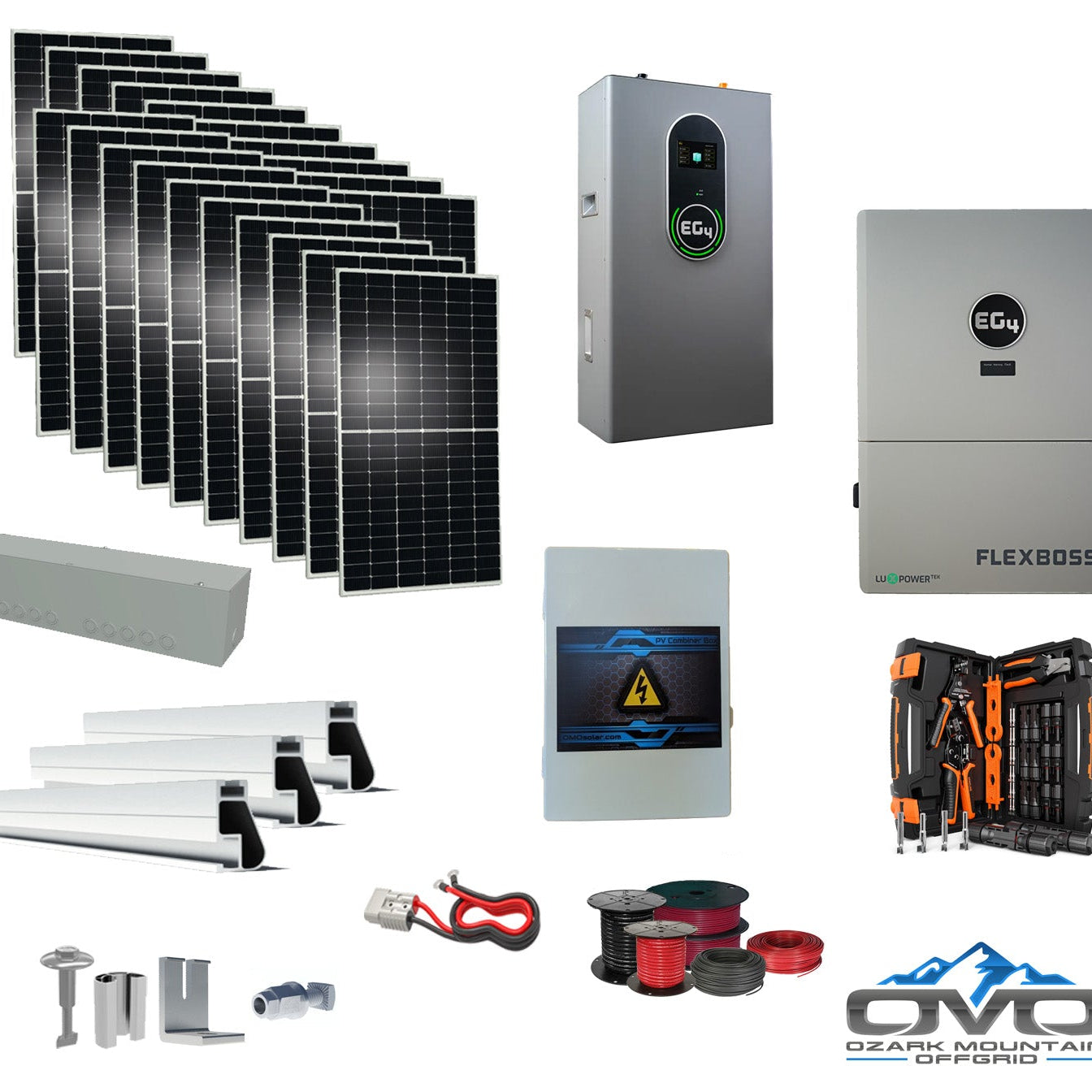 10KW Complete Offgrid Solar Kit + EG4 FlexBOSS21 + 14.3KW 48V EG4 Lithium Indoor Wall Battery + 11KW Solar with Roof Mounting Rails and Wiring