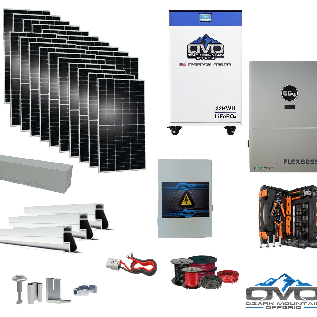 10KW Complete Offgrid Solar Kit + EG4 FlexBOSS21 + 32KW OMO 48V Freedom Series Lithium Battery + 11KW Solar with Roof Mounting Rails and Wiring