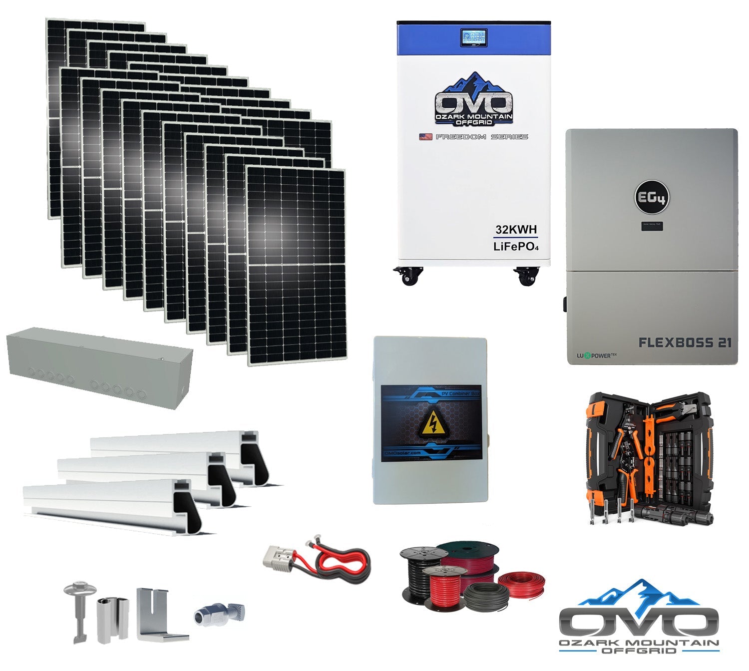 10KW Complete Offgrid Solar Kit + EG4 FlexBOSS21 + 32KW OMO 48V Freedom Series Lithium Battery + 11KW Solar with Roof Mounting Rails and Wiring