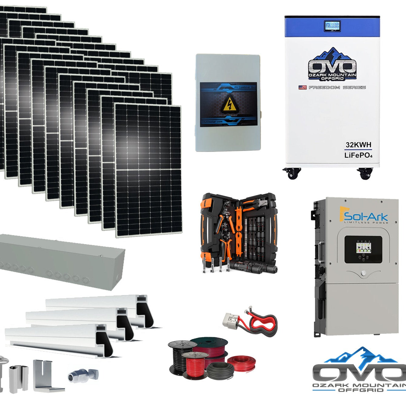 10KW Complete Offgrid Solar Kit + 15K Sol-Ark Inverter + 32kWh OMO 48V Freedom Series Lithium Battery + 11KW Solar with Roof Mount Rails and Wiring