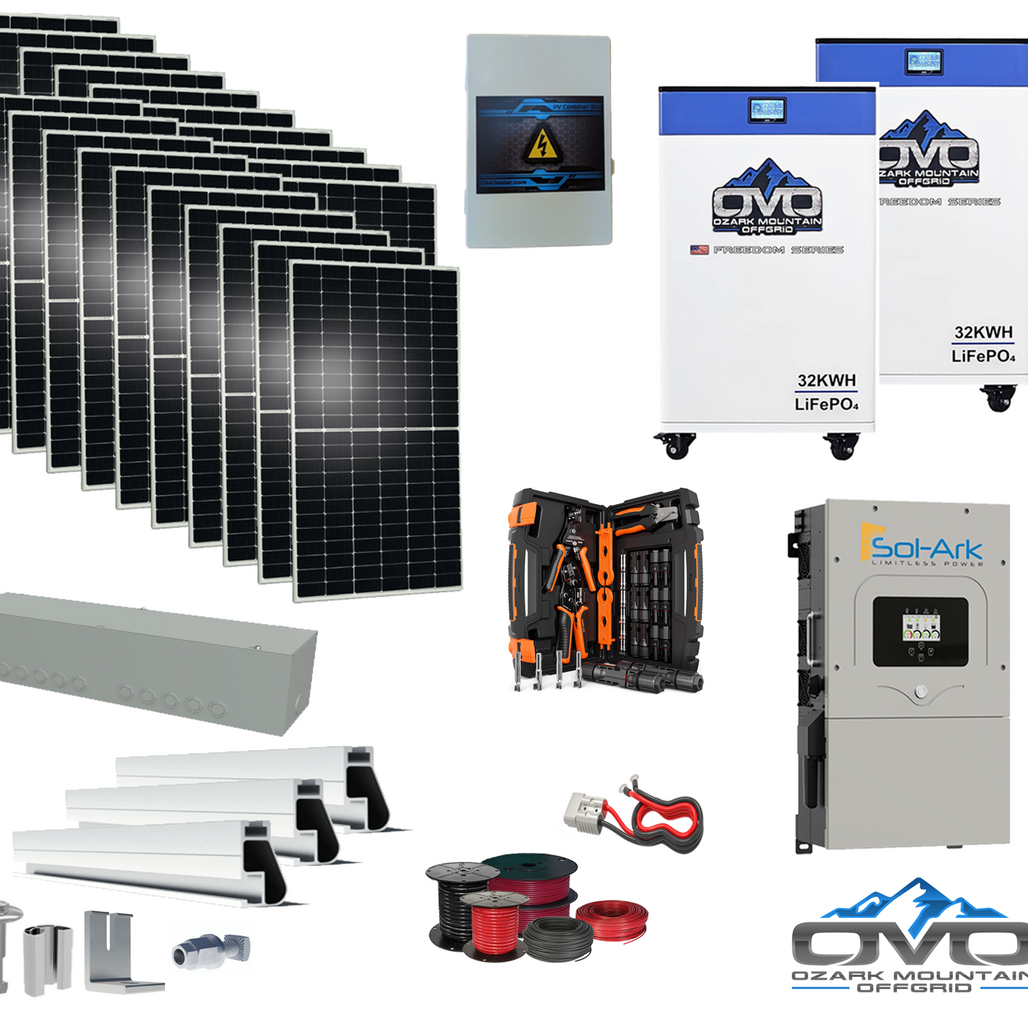 10KW Complete Offgrid Solar Kit + 15K Sol-Ark Inverter + 2x 32kWh OMO 48V Freedom Series Lithium Battery + 11KW Solar with Roof Mount and Wiring