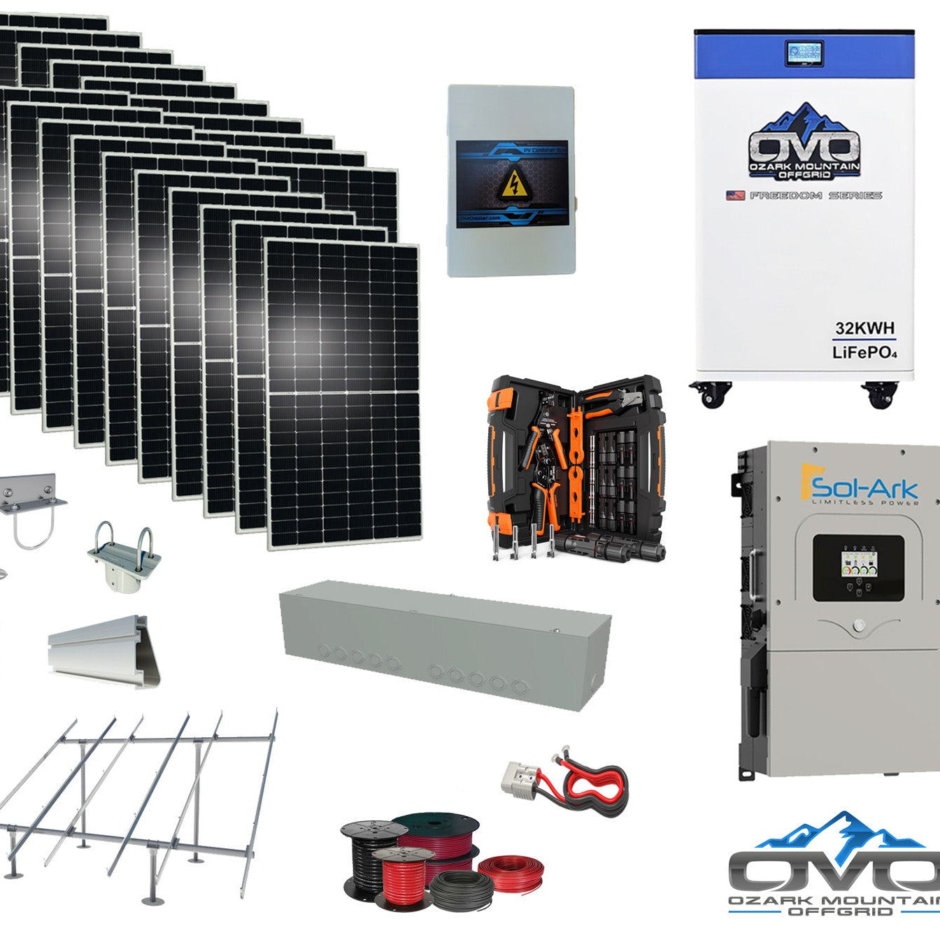 10KW Complete Offgrid Solar Kit + 15K Sol-Ark Inverter + 32kWh OMO 48V Freedom Series Lithium Battery + 11KW Solar with Ground Mount Rails and Wiring