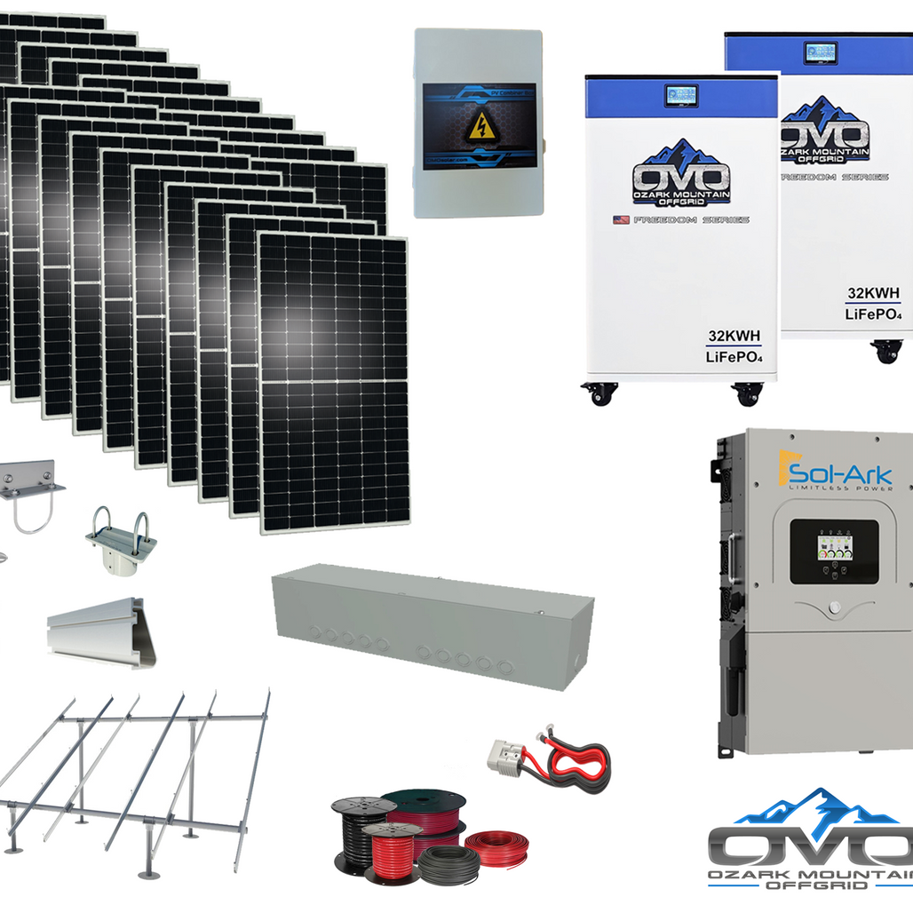 10KW Complete Offgrid Solar Kit + 15K Sol-Ark Inverter + 2x 32kWh OMO 48V Freedom Series Lithium Battery + 11KW Solar with Ground Mount and Wiring