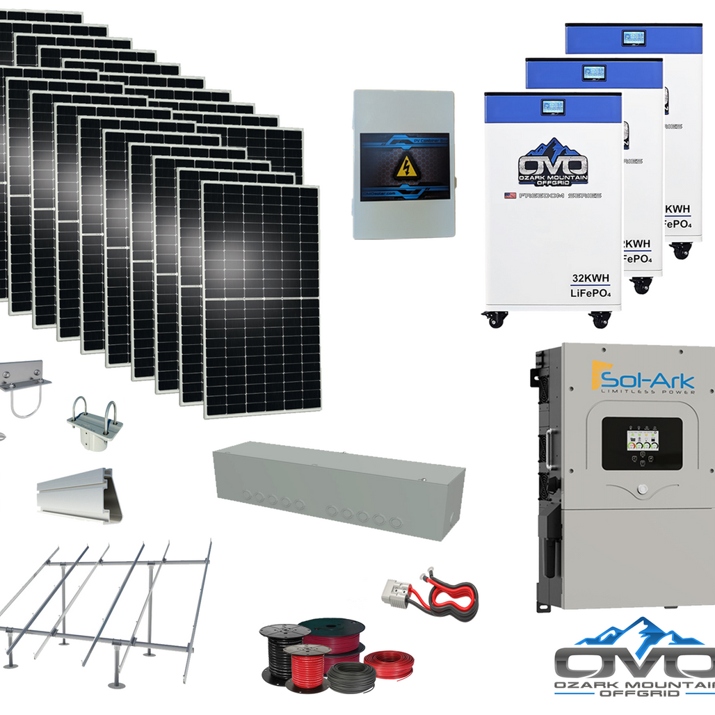 10KW Complete Offgrid Solar Kit + 15K Sol-Ark Inverter + 3x 32kWh OMO 48V Freedom Series Lithium Battery + 11KW Solar with Ground Mount and Wiring