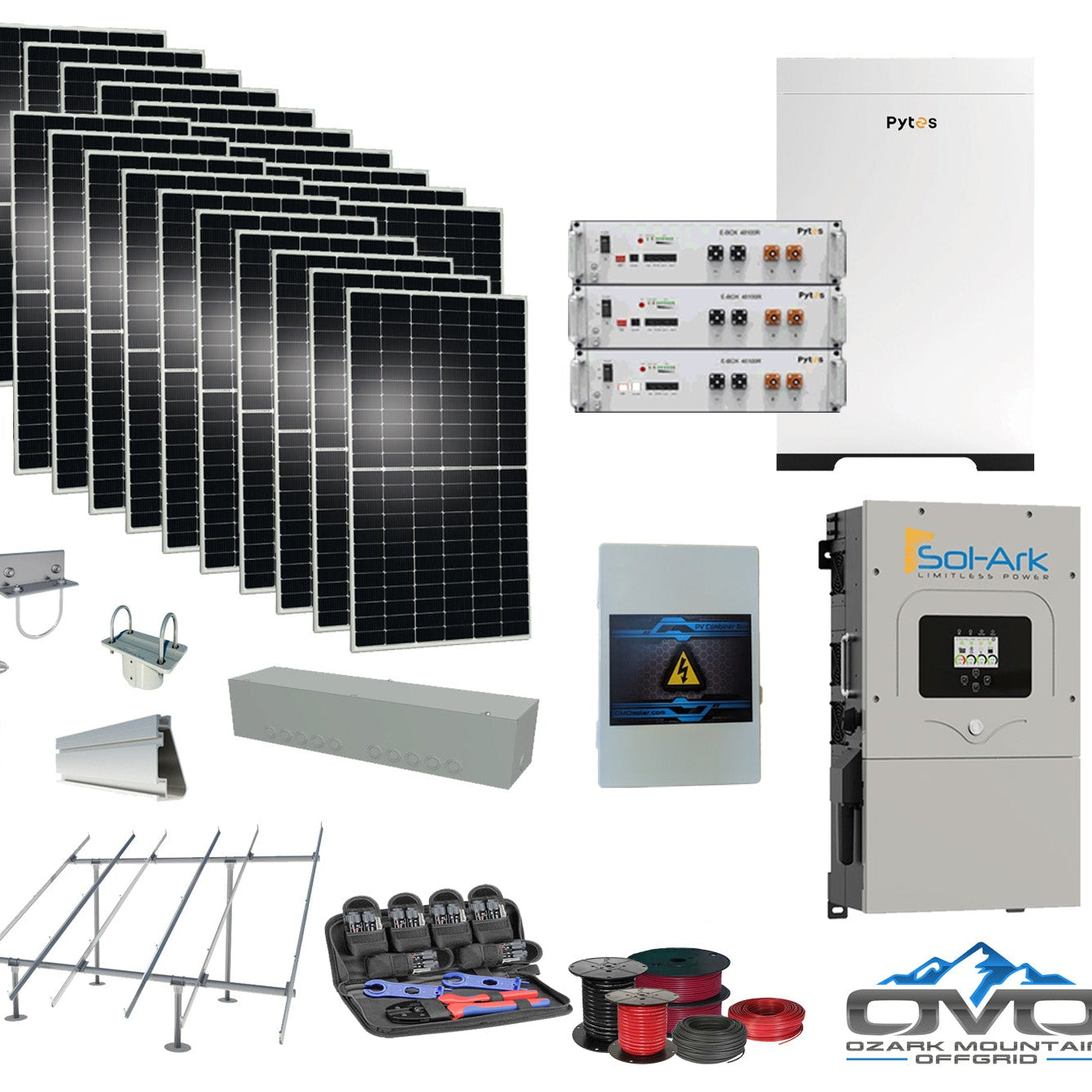 10KW Complete Offgrid Solar Kit + 15.36kWh Pytes Lithium Battery + 15K Sol-Ark Inverter + 11KW Solar with Ground Mount Rails and Wiring