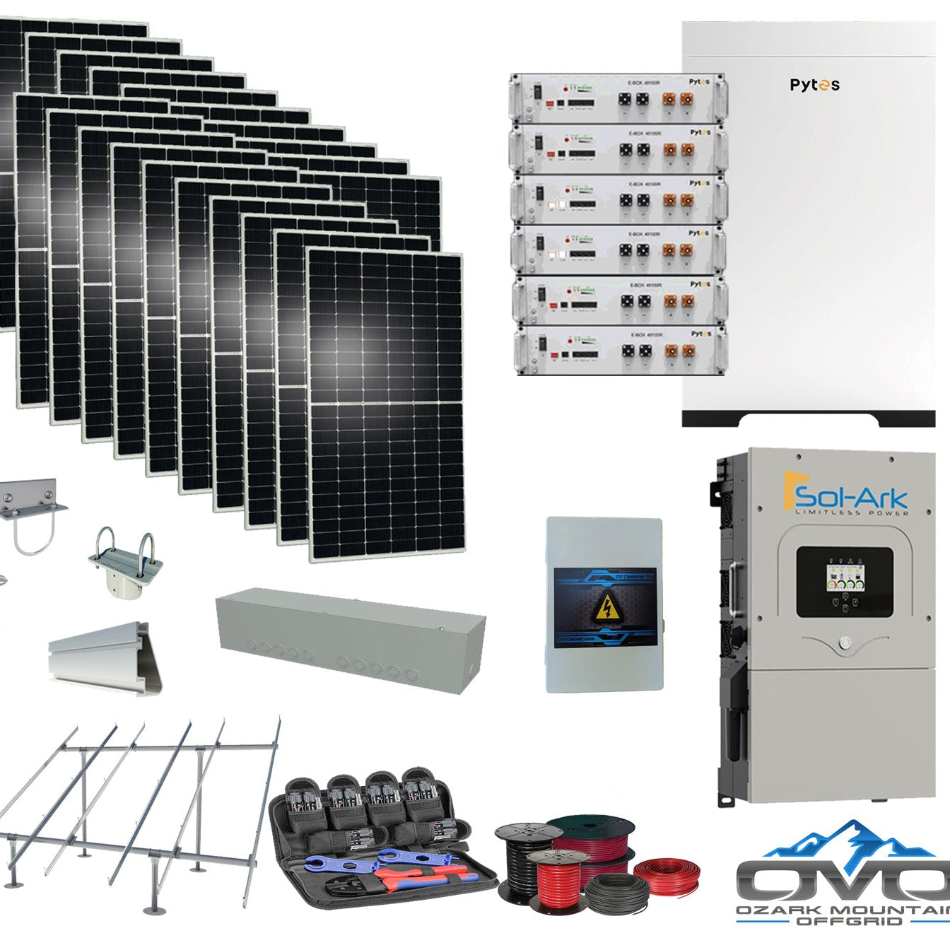 10KW Complete Offgrid Solar Kit + 30.72kWh Pytes Lithium Battery + 15K Sol-Ark Inverter + 11KW Solar with Ground Mount Rails and Wiring