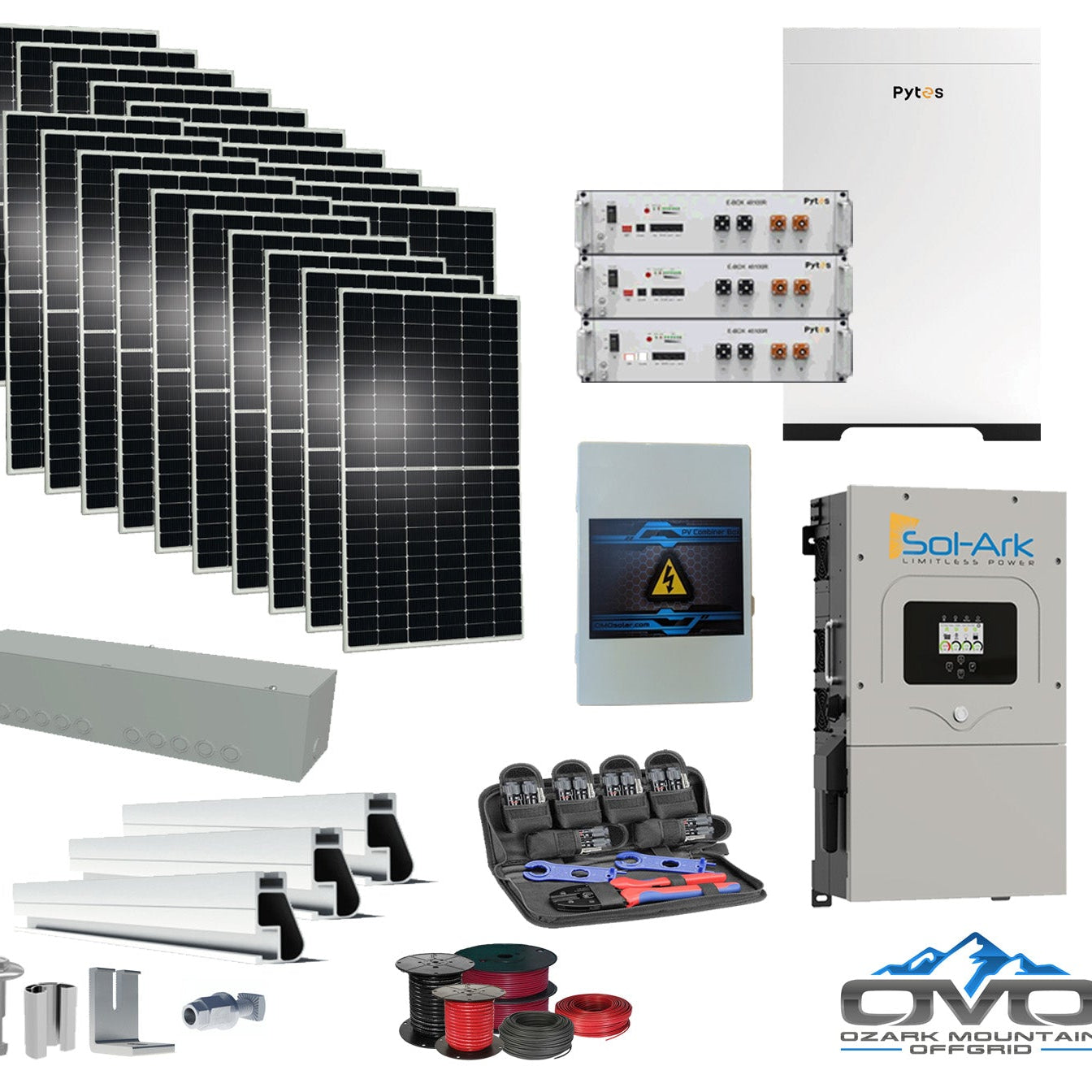 10KW Complete Offgrid Solar Kit + 15.36kWh Pytes Lithium Battery + 15K Sol-Ark Inverter +11KW Solar with Roof Mount Rails and Wiring
