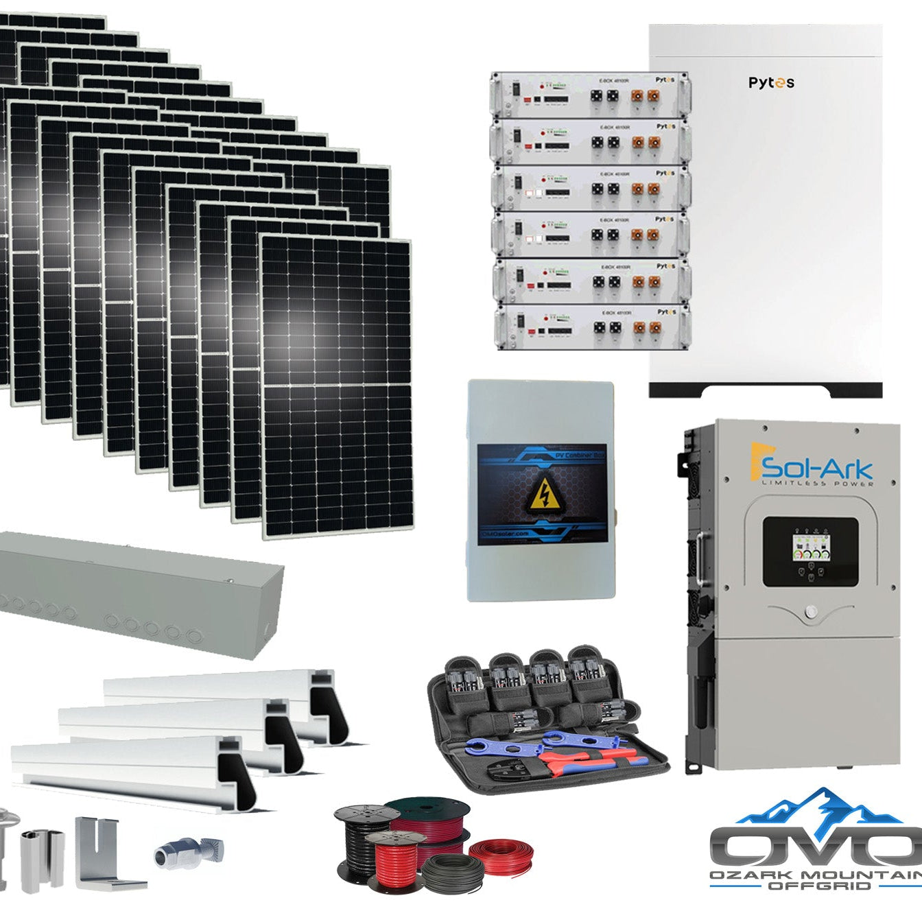 10KW Complete Offgrid Solar Kit + 30.72kWh Pytes Lithium Battery + 15K Sol-Ark Inverter +11KW Solar with Roof Mount Rails and Wiring